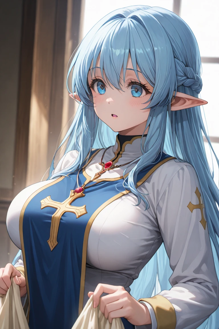 (best quality,highres),golden and blue knight armor,gray hair,dwarf ears,blue eyes,larger breasts,Exquisite knight armor, attractive gray hair, distinctive elf ear, beautiful and sparkling blue eyes, large and tempting chest.
