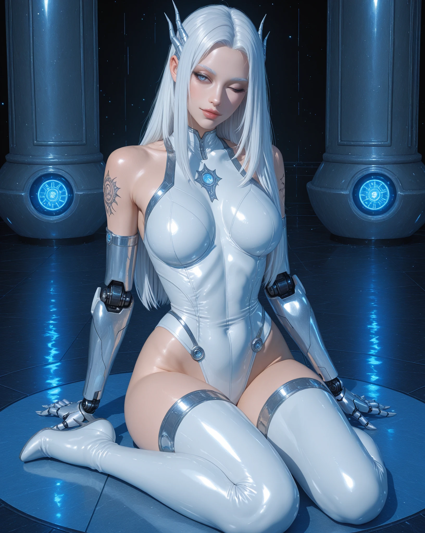 (Extreme Detail CG Unity 8K wallpaper, ​masterpiece, Top  Quality), (Exquisite lighting and shadow, Very dramatic visuals, cinematic lens effect), a girl in a white Spider-Man costume, silver gray hair color, Spider-Man parallel universe, Wenger, Marvel, Spider-Man, Sitting on the couch in a dynamic pose), (excellent detail, excellent lighting, Wide Angle), (excellent rendering, enough to stand out in its class),  White Spider-Man costume, Big breasts