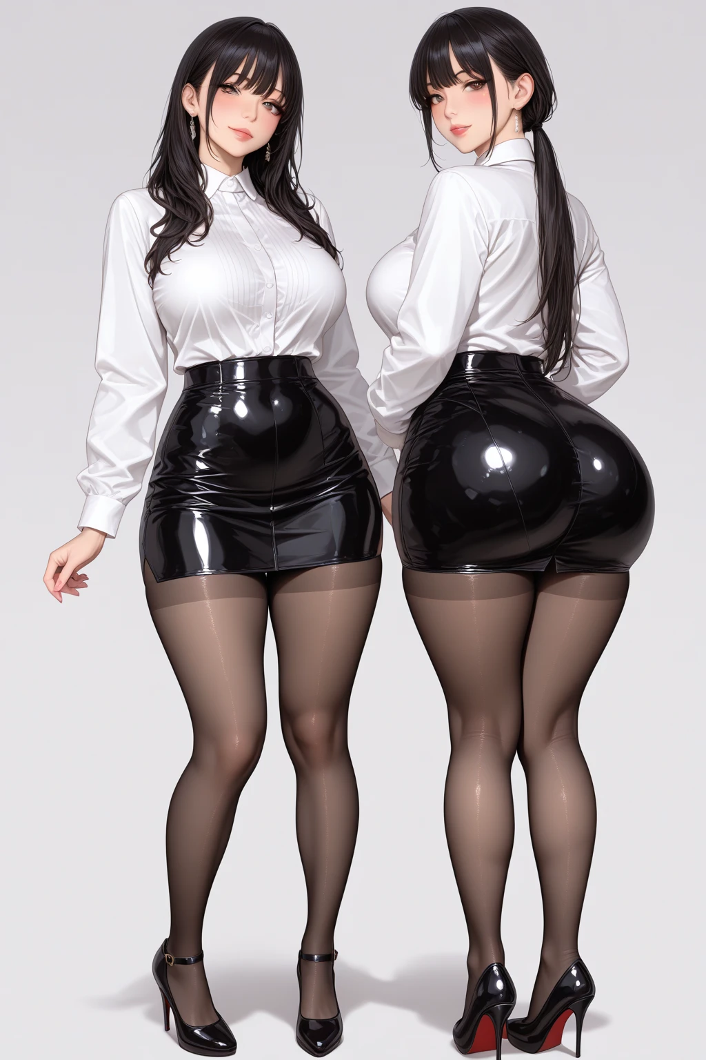 A curvaceous, cute and skinny super large biggest thick ass realist secretary , dressed in a tight-fitting skirt that hugs her voluptuous large and thick hips and round huge thick ass behind. perky breasts, which are just barely contained within the constraints of her buttoned-up attire. pantyhose, big and thick and ass, large and wide thick hips
