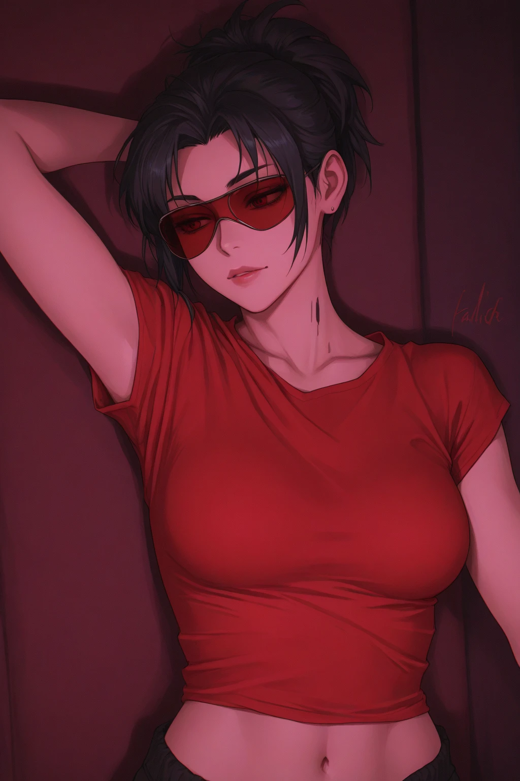 1girl, smile, red eyes, tomboy Pixie haircut, very Short hair, black hair, black choker, shirt, jeans, medium breast, lipstick, cowboy shot, lying bust up shot,