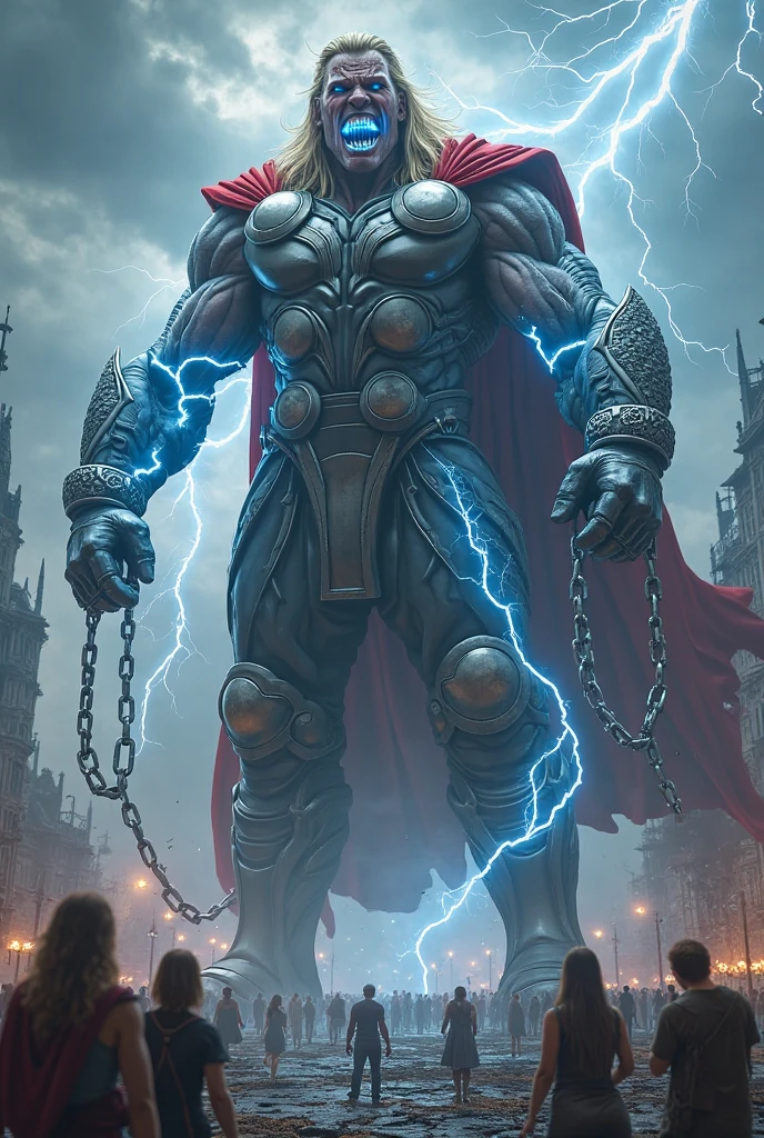 Evil Thor with blue eyes with scary and look rapist kill civilians in new york city durin night with red and blue light