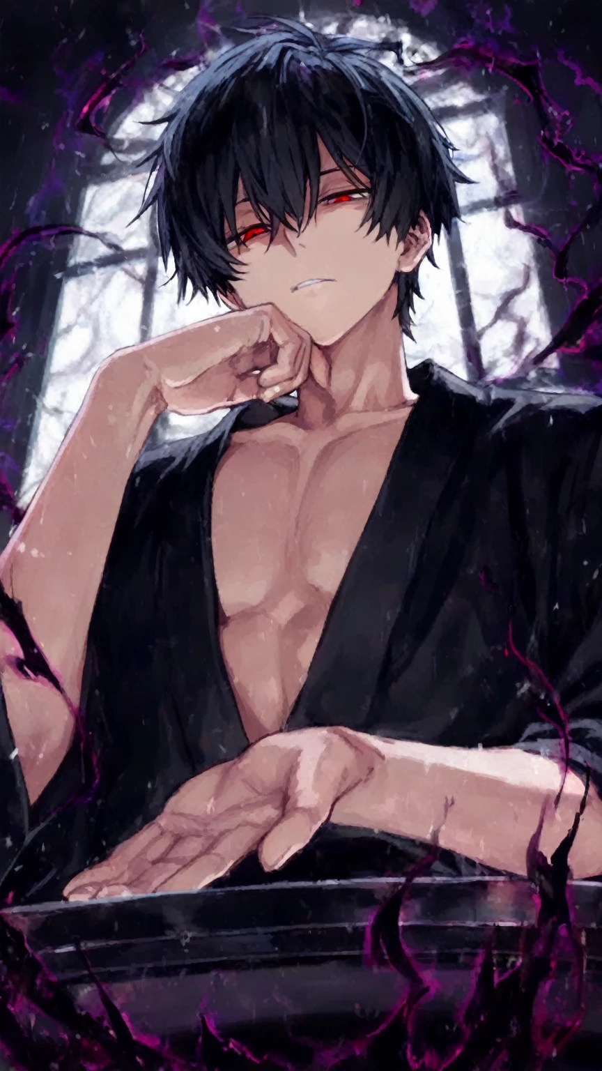 Beautiful young man,brown hair, half up and half down hair, red eyes, Wet hair, Wipe your hair with a towel, Top Naked, pecs, abs, After taking a bath, steam, sink,High quality, amount of drawing, pixiv illustration,cheeks are red,(A shy smile),((spread and legs up Concept:1.2)),LOVE,Good finger,Perfect finger,(angle、Fanning from below:1.3).