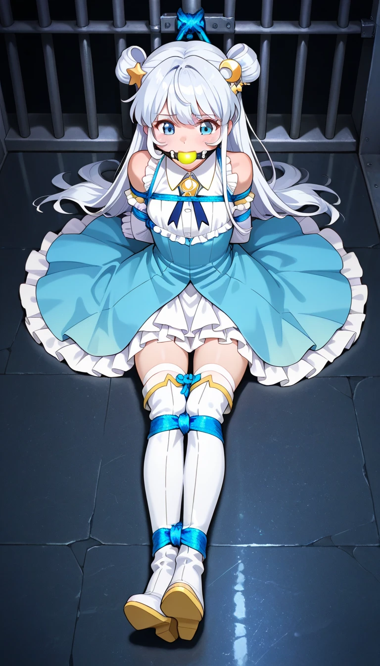 girl, confuses me, blue short dress, choker, panties visible, holding panties in his hands, looks out from under his forehead, trembling, fantasy world, fantasy landscape, verveka on the legs, bandage on leg, is sitting, Spread legs, torn dress and holes