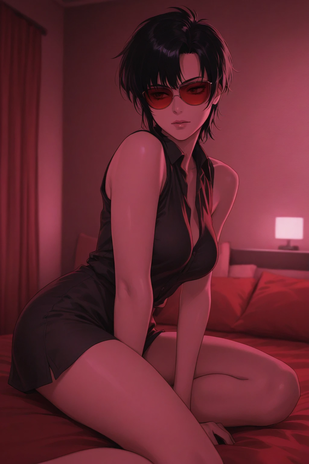 Black Hair Bob, (RAW Photography, Photorealism), (Very dark lipgloss, pitch black lipstick, so many eyelashes, Pure black eyeshadow, Top Quality, Ultra High Resolution, Depth of Field, Chromatic Aberration, Natural Color, Caustics, Japan, Women, 30s), Micro Bikini, Choker, Necklace, One Woman, Earrings, Bracelet, Slender, The tips of the are clearly visible, the whole body, raw legs, body line is very sexy, black pin heels