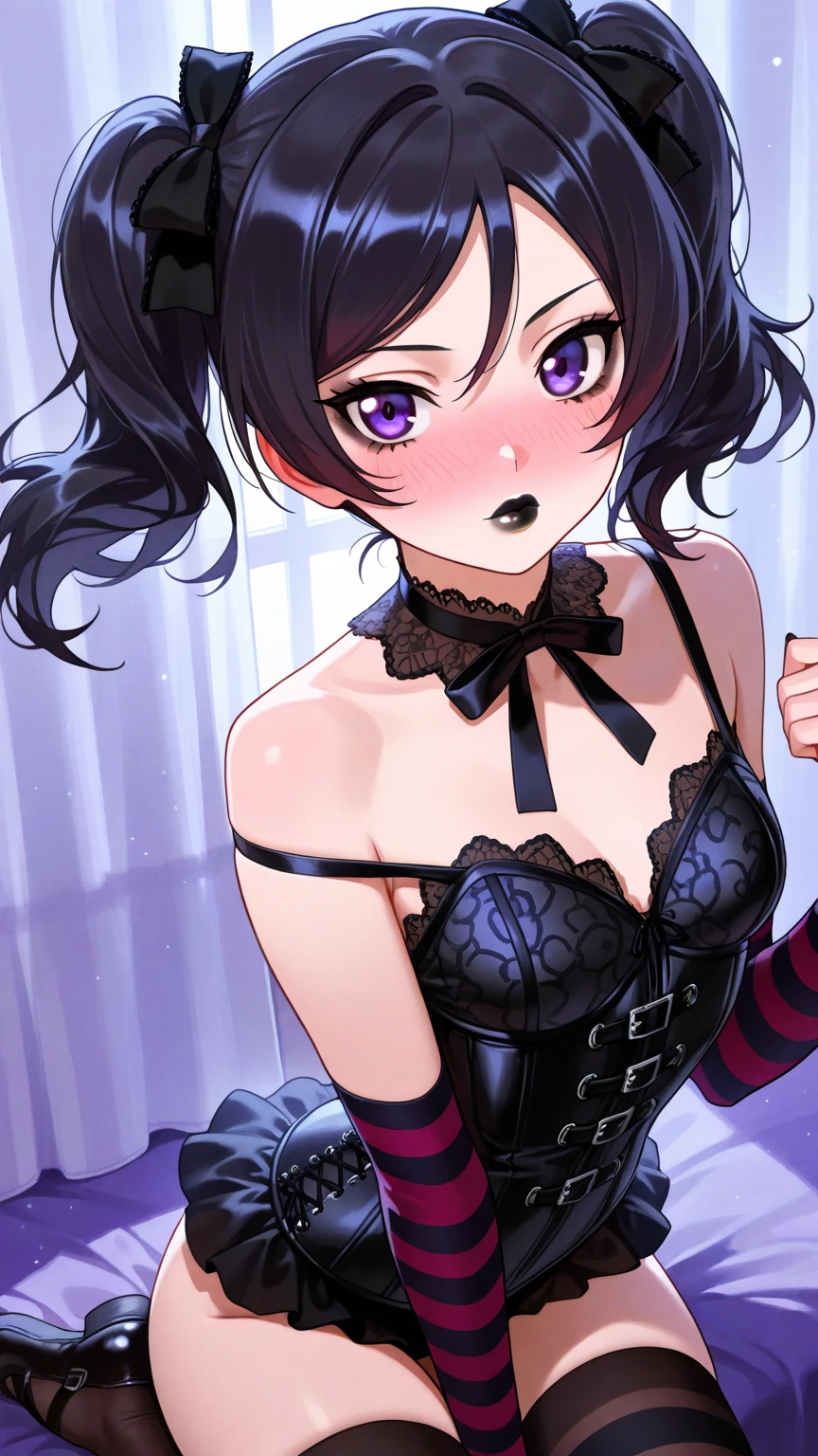 Hands behind back,Tied with hands behind back,lick,1girl,Beautiful 11 year old girl,teenager,Short,Tiny,Lanky,slender,Slim,small breasts ,from front,front view,looking at viewer, looking ahead,from above,cowboy shot,1girl,Black Hair,Short Twin Tails,Gray Eyes,Drooping eyes,slit pupils,narrow eyes.Black collar with black leash,Sheer black and pink negligee,lingerie,open mouth,tongue out,front face,,Straight Stand,Beautiful and detailed anime art,Mischievous smile,Sexy vibe,cum on tongue,Dimly lit room,On the bed,Simple Background,Gray background,Dim lighting,