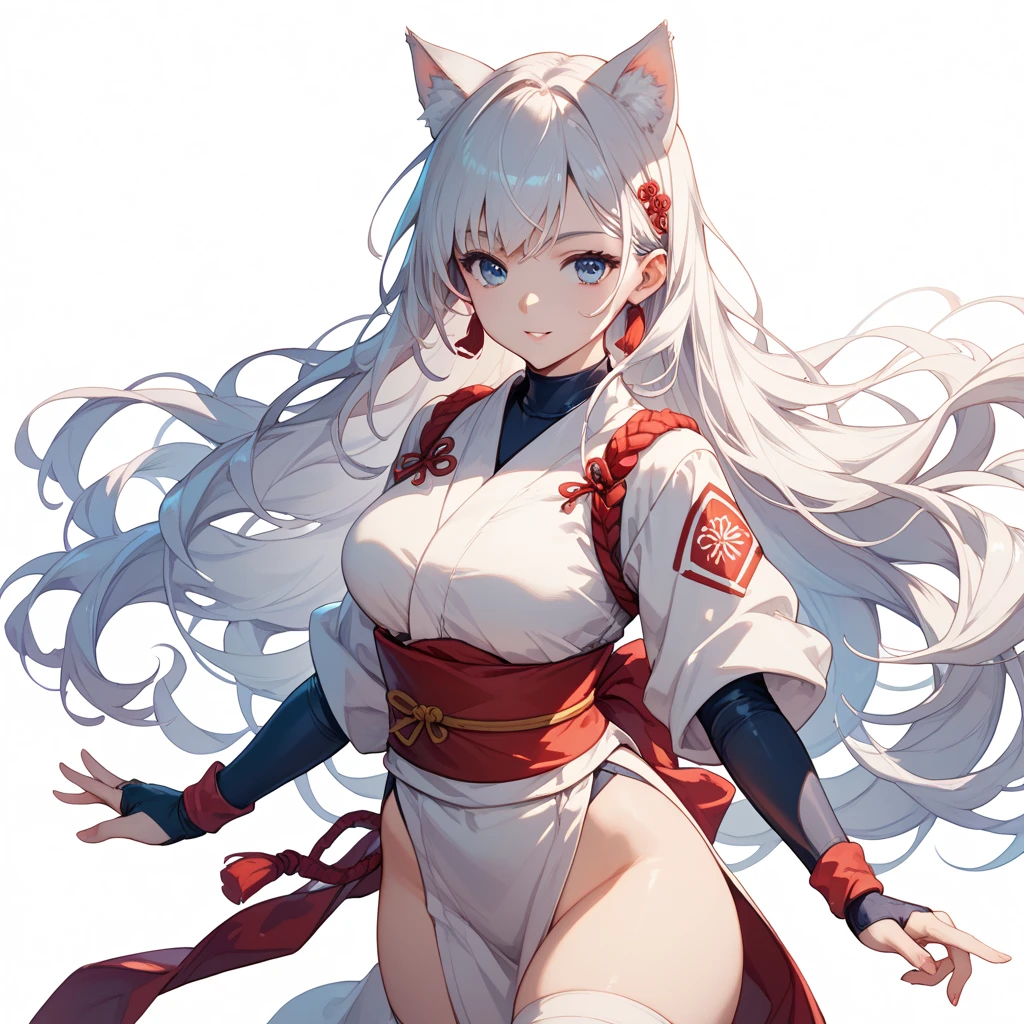 
- Lleva una layer clara con una abertura en el frente, color 
- La layer cubre parcialmente una camisa blanca con mangas.
- Black tight pants.

- Long, pointed wolf ears, White color.
- Long hair, white and messy, that reaches beyond your waist.
- Ojos rEyes o rosados, that stand out on his pale face.
- Cola peluda y larga que coincide con el color de su Hair blanco.
- Bare feet shaped like a wolf.

- Werewolf, wild, dynamic pose - Beige cape - large wolf ears - White hair - Squinted eyes with red pupils and white eyelashes - Black pants - White wolf tail - Lupine appearance - intense gaze, haunting - White (Hair, layer)
- Negro (pants)
- Red/rosado (Eyes)
- white (ears and tail)