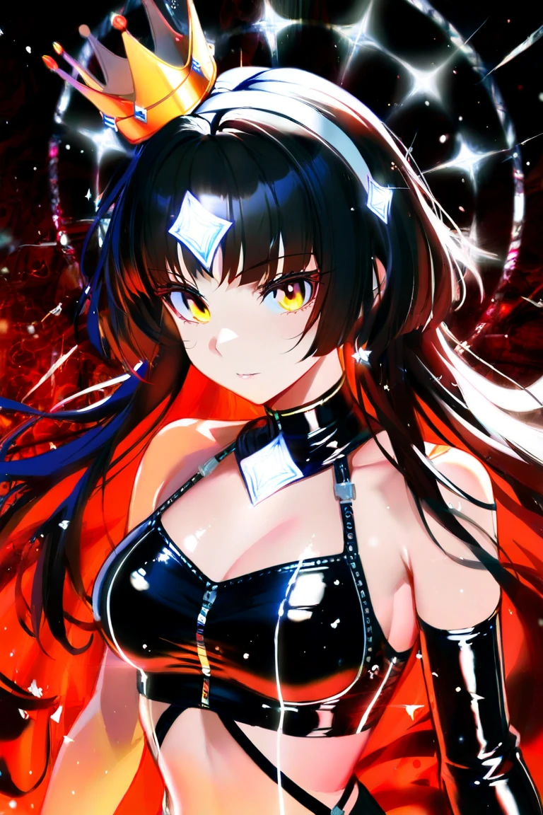 Realistic、1girl、(black hair red hair gradient hair:1.3)、(long hair),red eyes、(glowing eyes:1.3)、open stance,(middle hair),(breast focus:1.3,upper body),(enamel body suit:1.3,open chest
)、(clear face:1.3),cute face,(tareme:1.3),(huge breasts:1.3),(dark color background:1.5)
