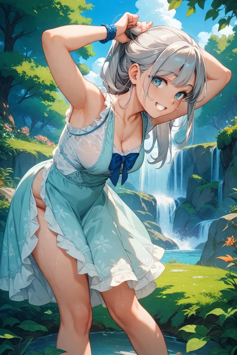lumine_\(genshin_impact\), hiten kei style, claude monet, oil painting, masterpiece, hyper realistic, realistic skin, best quality, 1girl, village, trees, medium breasts, huge nipples, erect nipples, looking at another, topless, full body, vector illustration, nipples, light smile, bangs, bare shoulders, blonde hair, white miniskirt, wet, soaked, raining, hanging laundry, smiling, happy, legs, windmill, sunlight, cool breeze, blue sky, stretching, looking up, wood pail, wet body, flowers, little village, laundry, hanging sheets, navel, dry ground, innocent, barefeet