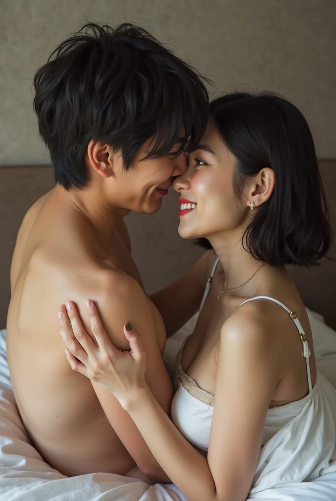 ((Highest quality、、、Large breasted women、Male genitalia penetrating female genitalia、Sex in the bedroom、Naked couple having sex、Kissing、masterpiece:1.3))、1 male、1 female、42 years old 36 years old、Slender beauty、Beautiful couple、smile、 (Slim face and body, (Brown Hair), (Shortcuts),、smileの美しさ、