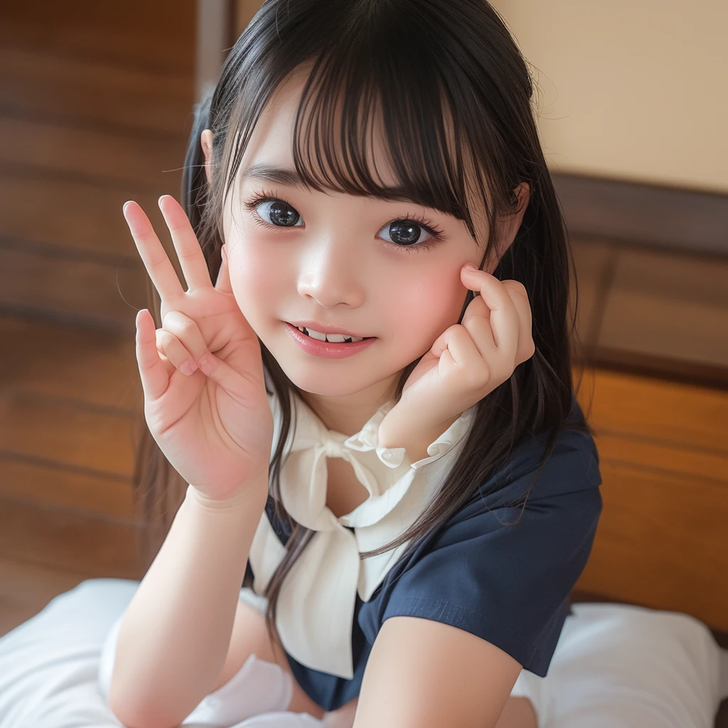 Japanese,Beautiful girl at 6 years old:1.85,Baby Face:1.85、Ultra-flat chest:1.85、Ultra short height、An innocent smile,cute,Primary school students,Private elementary school uniforms,Summer clothes、clavicle、On the bed、Nipples