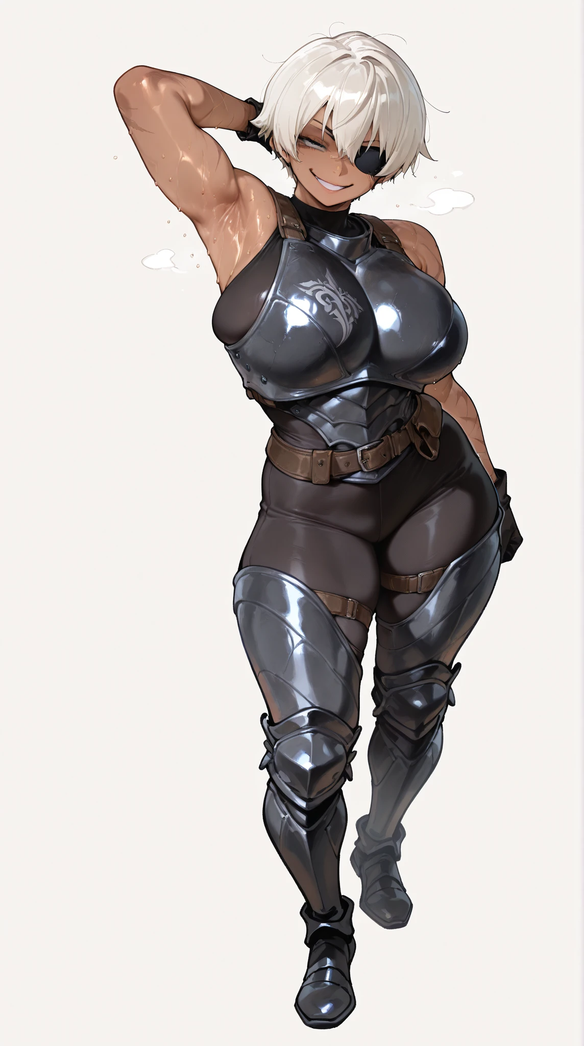 full body looking to viewer standing straight symmetrical against contrapposto yellow tiger print BIKINI stockings sleeves, hands on waist hips, navel, (Vladilena Milize) (grey big eyes:1.5) grey long hair, scar between eyelashes