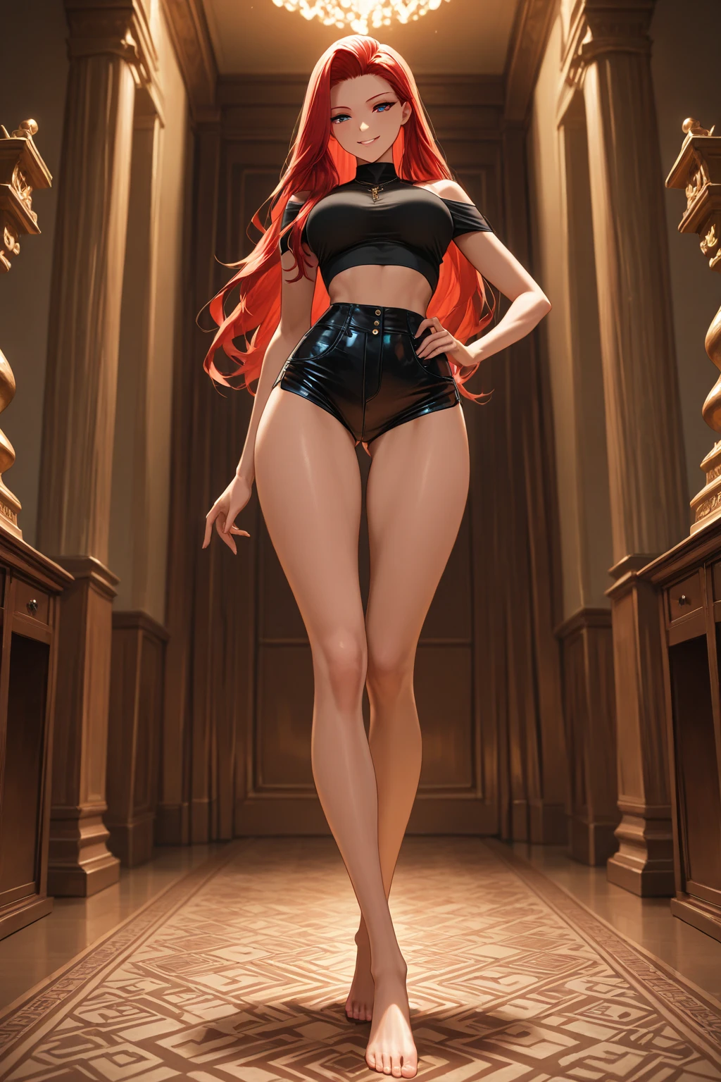 ((best quality, masterpiece, 4k, best anatomy)), moody lighting, beautiful elf woman, (crimson red hair), ((very long hair)), perfect face, innocent smile, sparkling eyes, ((Grey blue eyes)), ((naked)), ((slender)), ((flat chest)), ((18 years old)), skindentation, extreme detail, attractive oval face, pink lips, pink nipples, glossy skin, detailed hair, face focus, close-up chest, gold ornamental necklace, earrings, ((1 girl)), blush, embarrassed expression, ((high heels)), Standing, long legs, ((thigh-highs)), anime girl, 3d render,