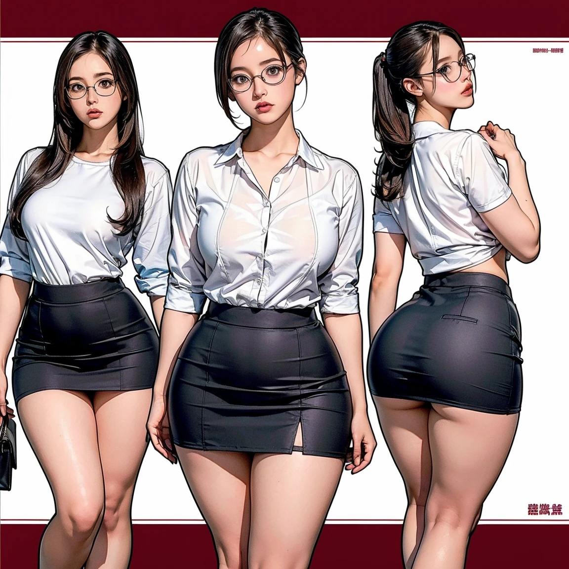 ((masterpiece)),(((highest quality))),((Reference Sheet, Character Design, in front, looking at the viewer , girl with glasses, tight mini skirt~ ~ viendo al espectador, Mr..々Hairstyle, Mr..々Performance, Facial Expressions)), 30-year-old girl tight mini skirt (curvy:1.4), (normal ass:1.4), Realistic buttocks, Big Breasts, big , normal thighs, Long legs, It's not a big deal, ((High quality fabric, panties ,bra)), ((tight mini skirt:1.0)) in a office