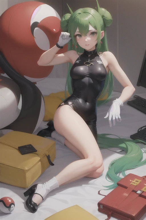 (Girl), (anime),(Full body portrait),(solo portrait), (young), (pretty), (hot), (white), (height 1.72 cm), (long green hair and green eyes), (21 years old), (super body mature),(with gigantic breasts with a bust size of 350cm),(big ass),(wearing),+,(A sex bunny outfit looking like a swimsuit showing legs and showing shoulders and strapless and with toy bunny ears on the head)
