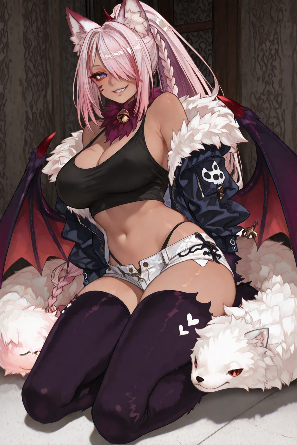 _asura style, 1girl, breasts, fairy_knight_tristan_(fate), pointy_ears, solo, grey_eyes, long_hair, pink_hair, looking_at_viewer, large_breasts, open_mouth, navel, bare_shoulders, sidelocks, bangs, smile, blush, cleavage, revealing_clothes, fang, sweat, red_background, hood, jewelry, fur_trim