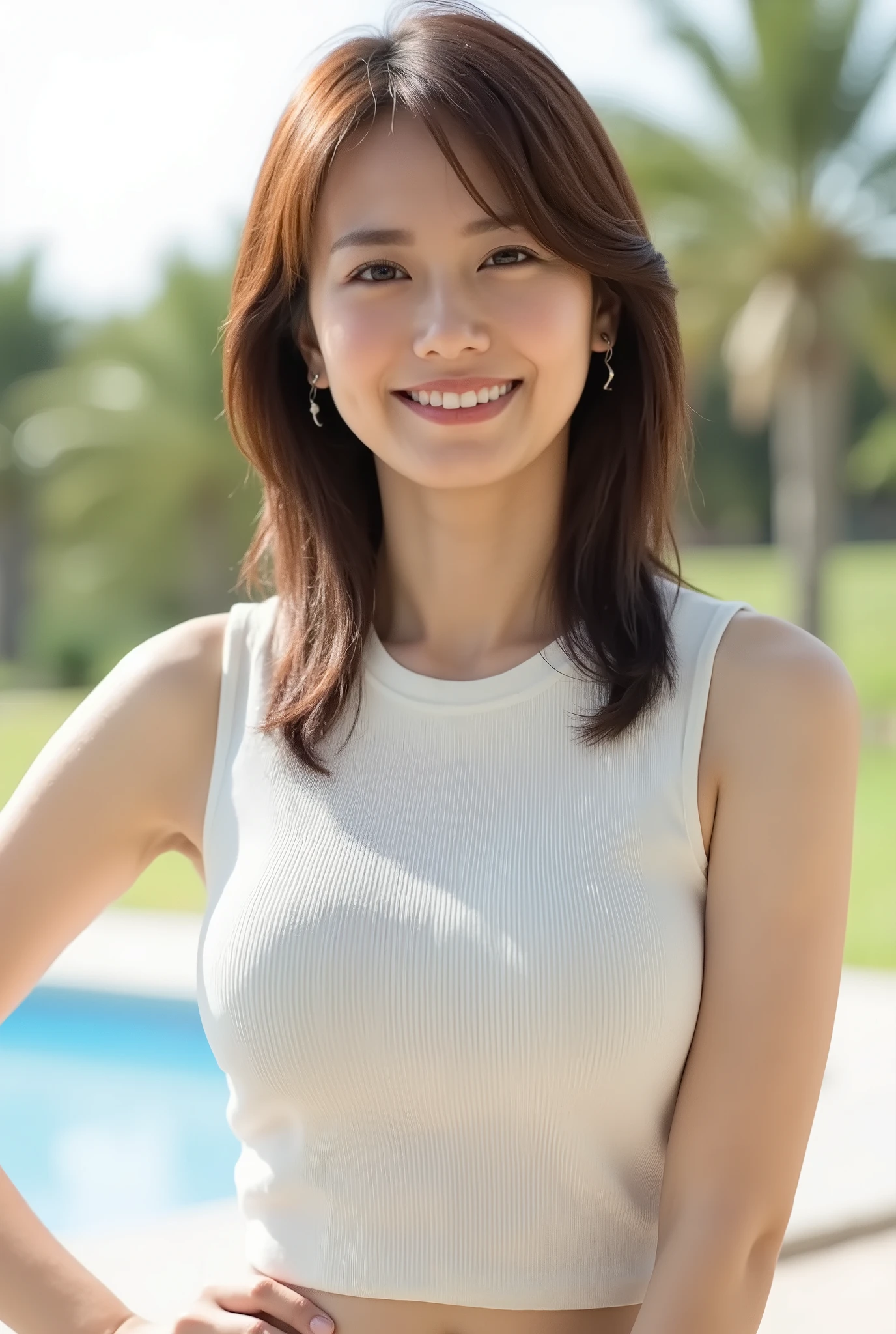 Highest quality, masterpiece, (Realistic:1.2), (uetoaya), smile, head shot, Backlight, Silhouette Lighting, Lift up your shirt, Tomboy, Brown long hair, Hair on one eye, Underbust, front, Detailed face, Beautiful Eyes, Oily skin, Sweat a lot, fit, bikini, Underbust, Santorini, Greece