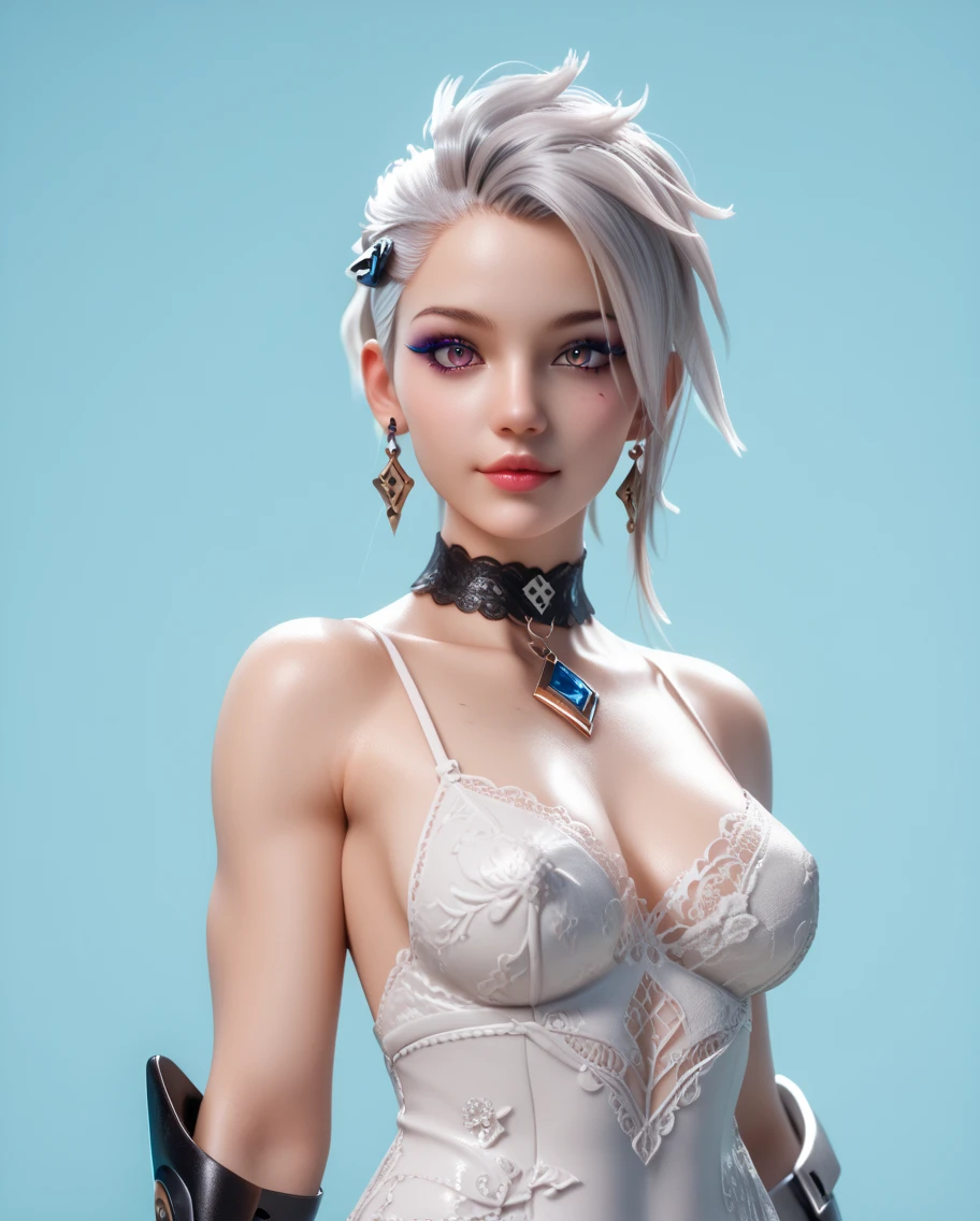 (masterpiece, highest quality, 1 girl, alone, intricate details, (realistic),(skin), (gray hair,dull bangs),thin hair, red headdress, blue highlights, hair above one eye,black eye, small earrings, clear eyes, ,(black leather skirt),(symmetrical eyes),(perfect symmetrical body), night,(((Natural light))),Backlight,against the gray wall, dim lighting ,look at the audience,((center shot, from before,(face and waist)))，big breasts，I&#39;Iの乳首を見せています，erect nipples，topless，See-through