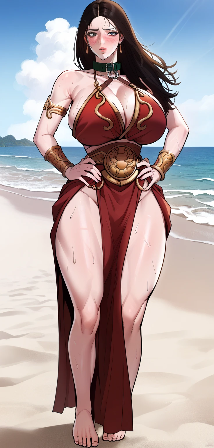 masterpiece, of the highest quality, dq blanca, single sheet, earrings, choker, orange cape, (green dress), belt, socks, heels, looking at the viewer, big breasts, stockings, hig heels,gigantic breasts