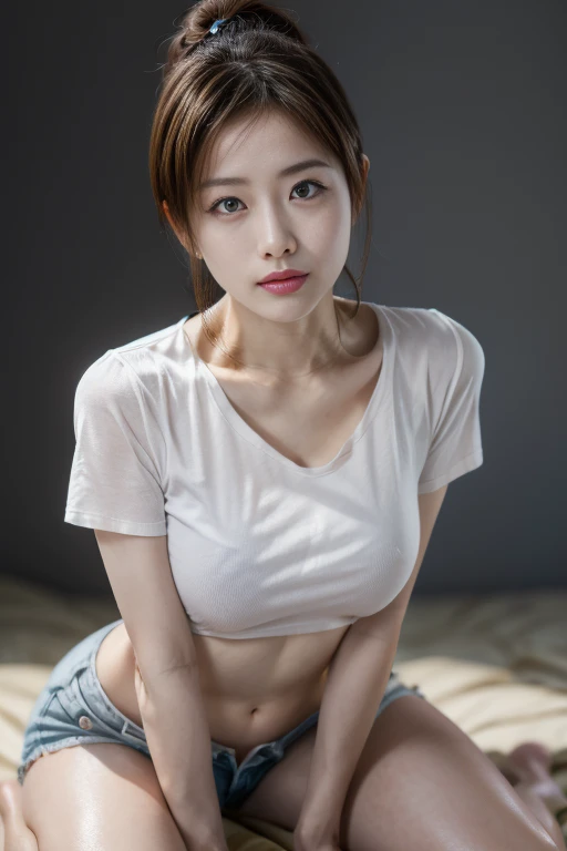 a close up of a woman with a white shirt on posing for a picture, Korean girl, Japanese model, Gorgeous young Korean woman, beautiful Korean women, Beautiful young Korean woman, Choi Hyun-hwa, Korean woman, Asian girl, 2 4 year old female model, wet tshirt, Tight shirt, Yoshitomo Nara
