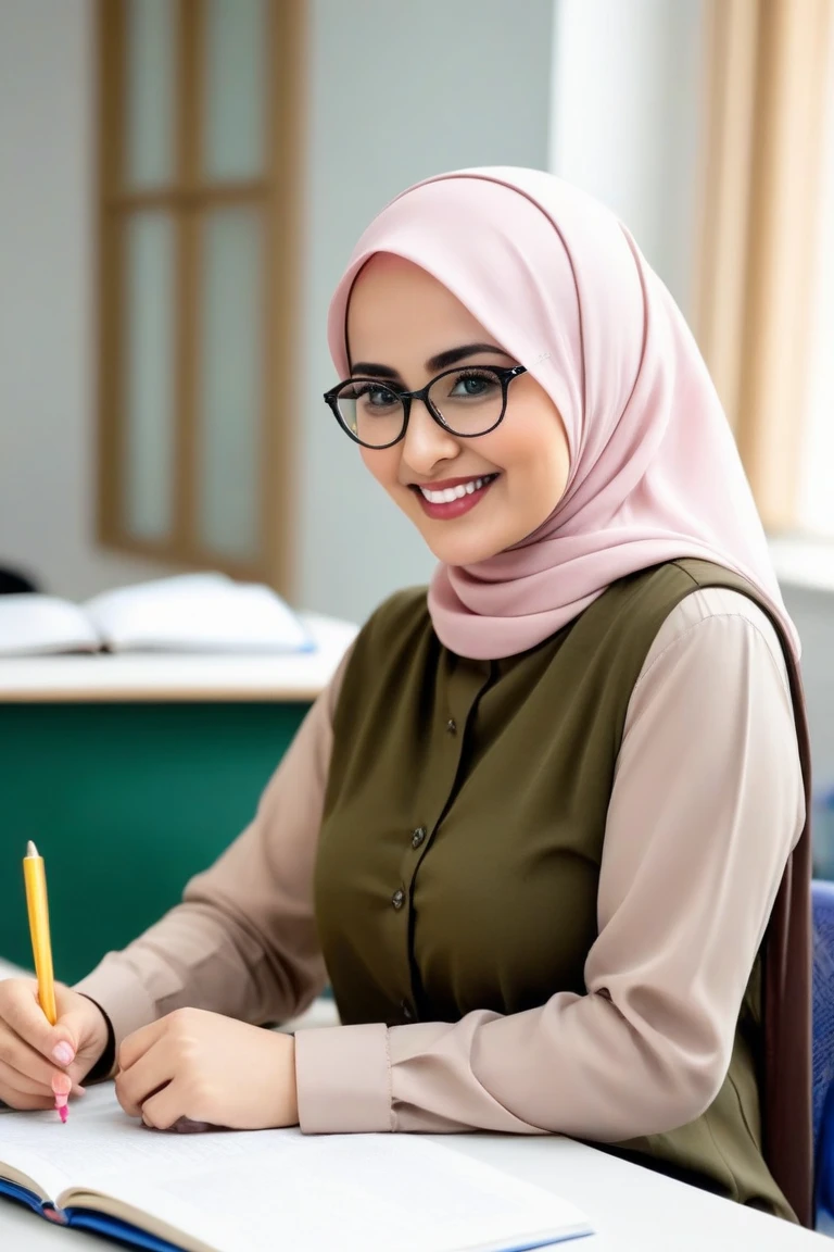 ((beautiful Nerd malaysia college Lecturer woman)), 45 Years old, Middle age woman, name mira filzah brown eye, wearing nerd eyewear,tudung muslim, See-Through modern baju kurung, look rich woman,, unbuttoned baju Kurung, Pantyhose, calm,confident,happy, realistic beautiful Curvy body, White Skin Body,looking at viewer, sitting on desk in classroom, showing her Wet Panties, (photo, photorealistic:1.37), (ultrahigh-res), half body, walking pose, hyper detailed POV, by lee jeffries, nikon d850, film stock photograph ,4 kodak portra 400 ,camera f1.6 lens ,rich colors ,hyper realistic ,lifelike texture, dramatic lighting , cinestill 800, (huge breasts 1.3)