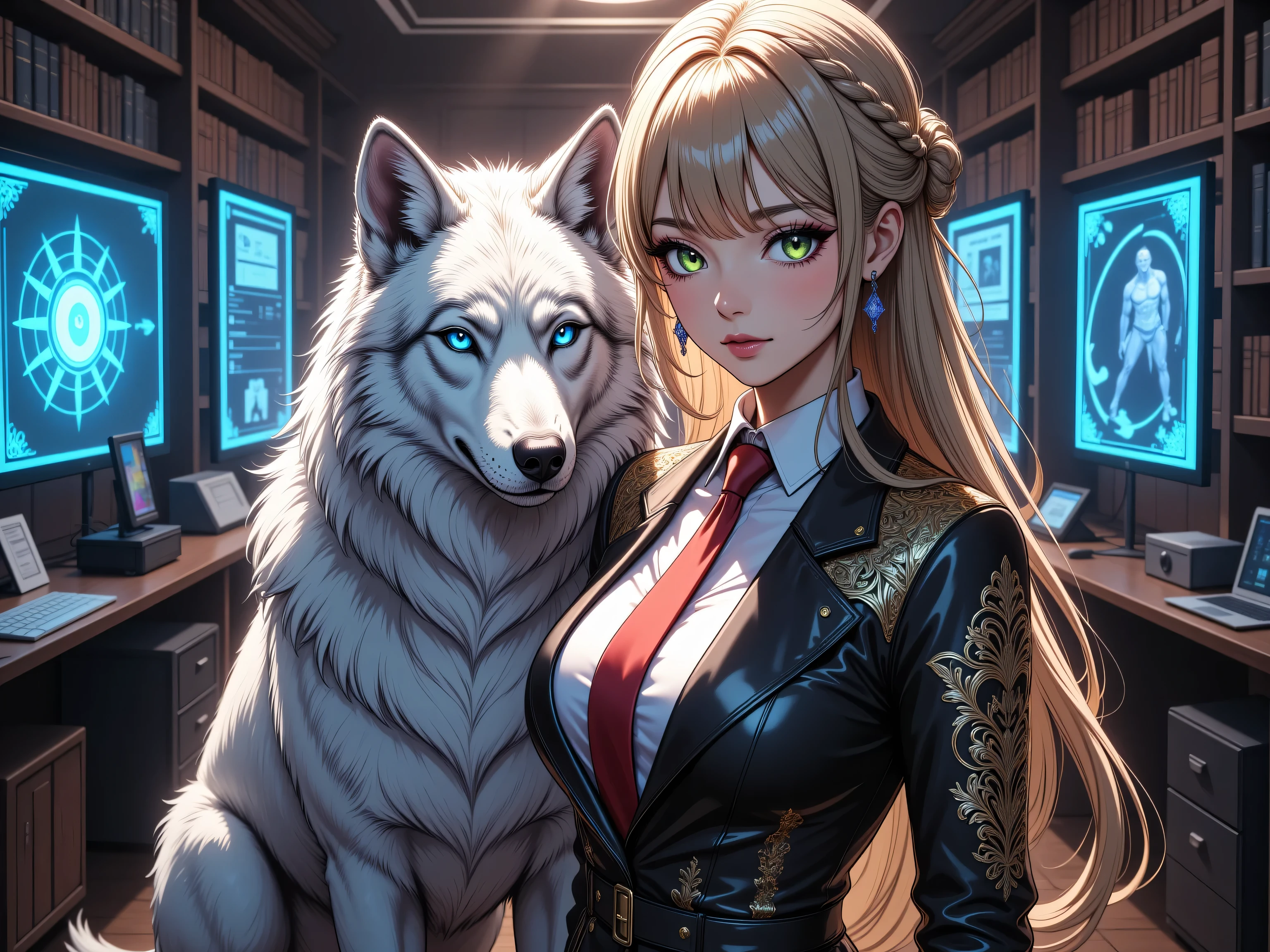 zavy-ctcmcs,hyp3rd3tail style, fantasy art, RPG art, ultra wide shot, RAW, photorealistic, a picture of woman in her high tech office and her white wolf pet, the woman,  an exquisite beautiful human woman, long blond hair, braided hair, green eyes, wearing elegant silk suit, intricate suit  wearing red tie, wearing high heels, standing in a high tech office, lush office, an epic whitewolf stands near her, glowing blue eyes, protecting her, high tech office, high management office, library. computer screens, best quality, 16k, [ultra detailed], masterpiece, best quality, (ultra detailed), full body, ultra wide shot, photorealism

INFO
