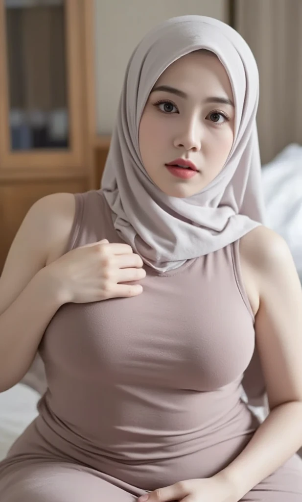 (Best quality, masterpiece) ,(nikon RAW photo, 8 k, Fujifilm) , 1girl, mature female, (hijab, white hijab:1.2) , lingerie, gigantic breast, professional lighting, dramatic lighting, medium close shot, (serious expression), emotionless, looking to viewer, indoor, depth of field,