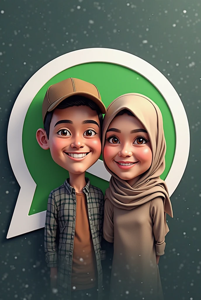 realistic photo,handsome man and beautiful woman are 20 years old wearing white clothes, hijab with WhatsApp logo and ONCO official written on it.wearing green pants green Jordan shoes. WhatsApp background berdiri di atas Box persegi panjang berlogo WhatsApp. WhatsApp background. 3d realistic.