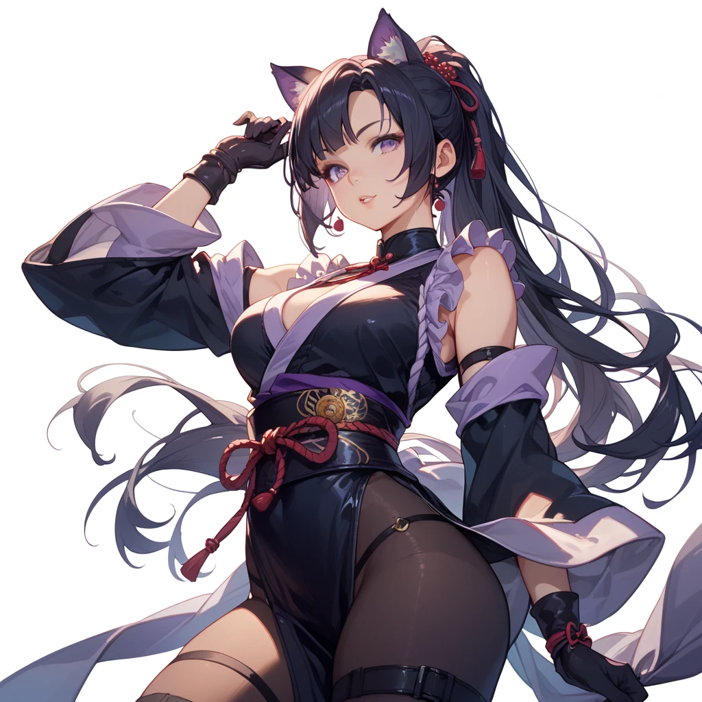 1 girl, detached sleeves, neckleace, multicolored hair, black hair long, animal ears, multiple tails, trunk, lindo rosto, perfectbody, glare eyes, work of art, best qualityer, focus on details
