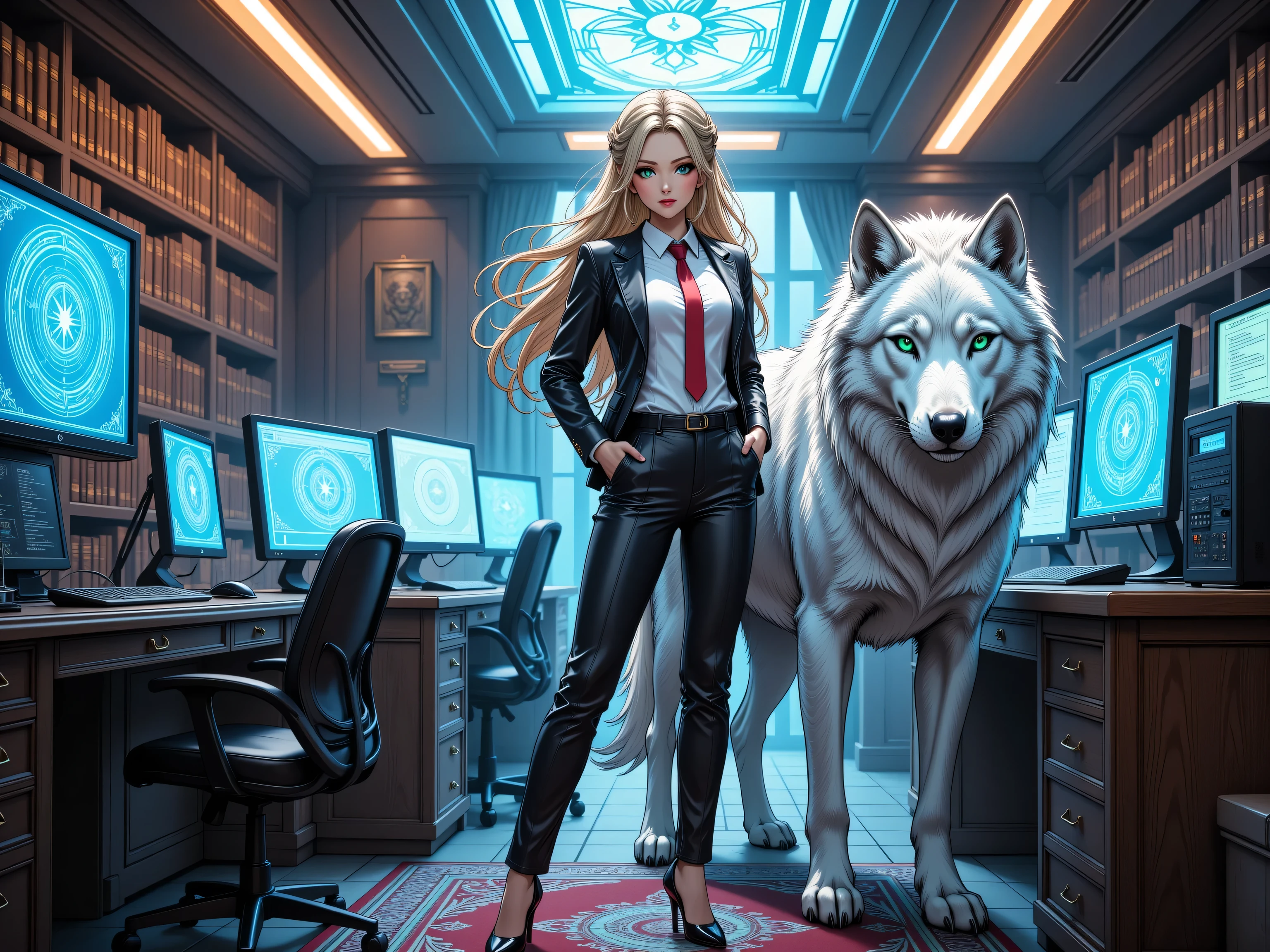 zavy-ctcmcs,hyp3rd3tail style, fantasy art, RPG art, ultra wide shot, RAW, photorealistic, a picture of woman in her high tech office and her white wolf pet, the woman,  an exquisite beautiful human woman, long blond hair, braided hair, green eyes, wearing elegant silk suit, intricate suit  wearing red tie, wearing high heels, standing in a high tech office, lush office, an epic whitewolf stands near her, glowing blue eyes, protecting her, high tech office, high management office, library. computer screens, best quality, 16k, [ultra detailed], masterpiece, best quality, (ultra detailed), full body, ultra wide shot, photorealism

INFO
