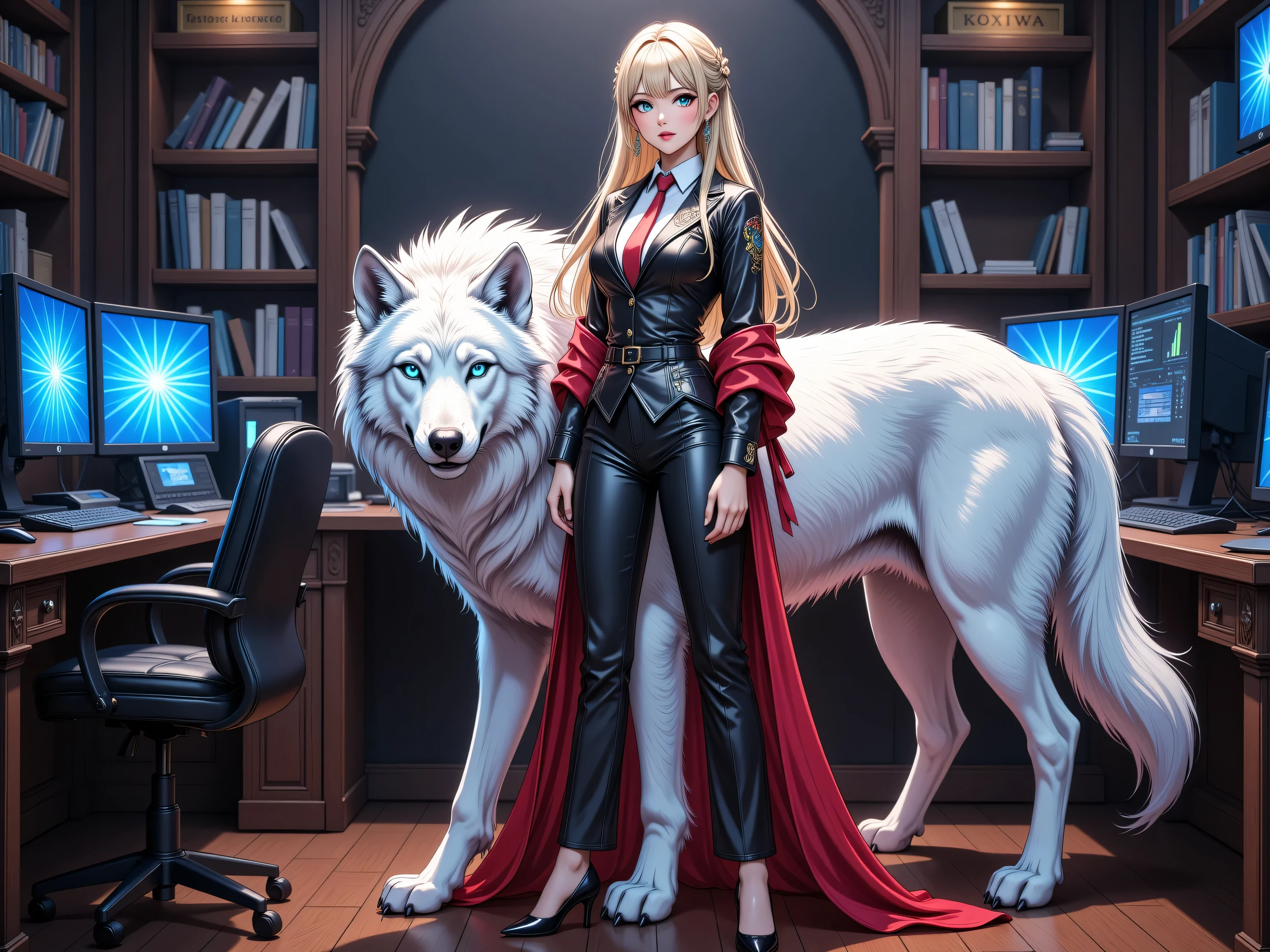zavy-ctcmcs,hyp3rd3tail style, fantasy art, RPG art, ultra wide shot, RAW, photorealistic, a picture of woman in her high tech office and her white wolf pet, the woman,  an exquisite beautiful human woman, long blond hair, braided hair, green eyes, wearing elegant silk suit, intricate suit  wearing red tie, wearing high heels, standing in a high tech office, lush office, an epic whitewolf stands near her, glowing blue eyes, protecting her, high tech office, high management office, library. computer screens, best quality, 16k, [ultra detailed], masterpiece, best quality, (ultra detailed), full body, ultra wide shot, photorealism

INFO
