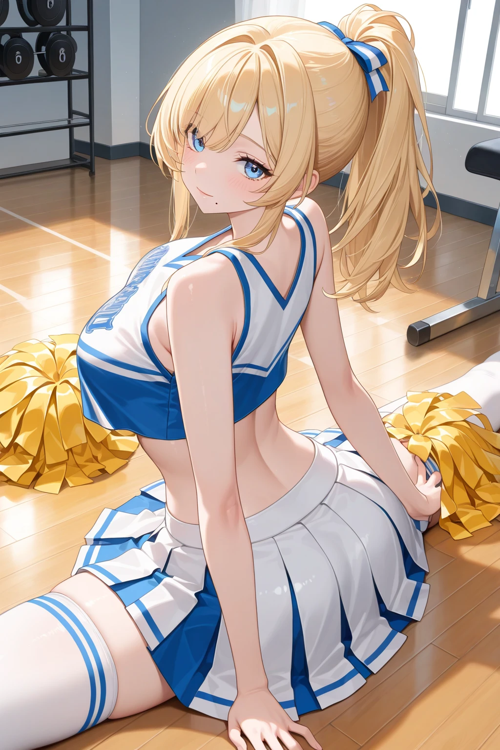 masterpiece, best quality, absurdres, perfect ???????, 1girl, solo, blonde hair, ponytail, aqua eyes, HaruCheerUniform, blue skirt, smile