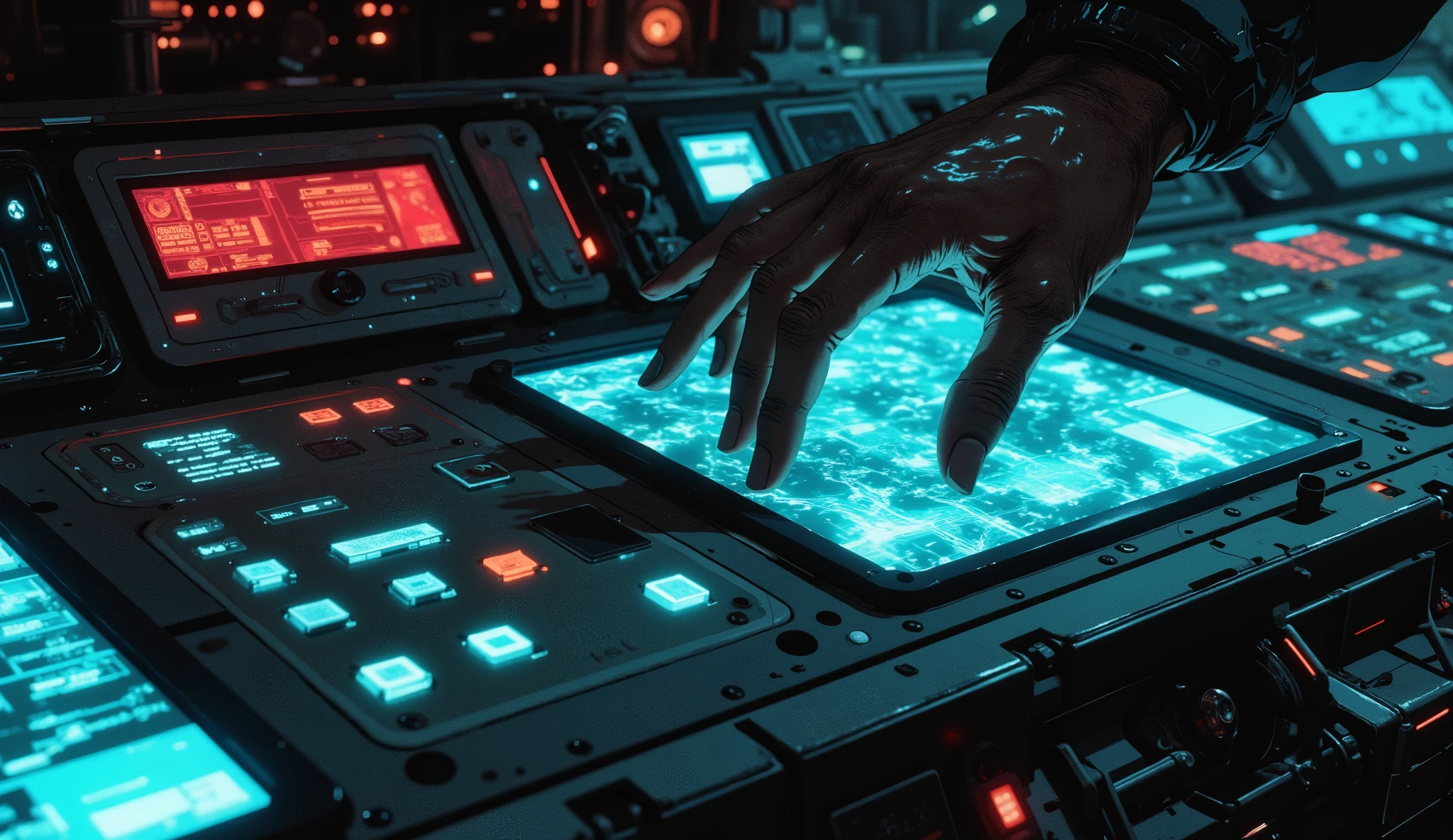 Masterpiece, 90s-style anime scene, cel tone, 3-tone shading, high resolution 32k. A cinematic close-up from above of a young woman’s delicate hand pressing glowing buttons on the futuristic control panel of a spaceship. The panel is slightly reflective, showing a soft reflection of her hand on the glass surface. The buttons emit faint neon glows in red and blue, adding contrast to the dark metallic panel filled with exposed wires and small steampunk-style details. The atmosphere is dark and retro, inspired by post-apocalyptic spaceships. Anime style reminiscent of Vampire Hunter D: Bloodlust, Blame!, and Black Lagoon, with sharp lines, strong contrast, and flat cel shading typical of 90s anime. The scene captures the tension and precision of the moment, with a somber mood and cinematic framing.