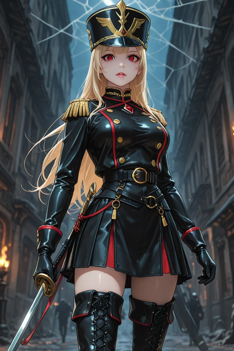 masterpiece, best quality, absurdres, perfect anatomy, 1girl, solo, KyoukaUzen, hair ornament, <lora:KyoukaUzen:0.9>  huge breasts,  at Sunset, destroyed landscapes, darkness, bright colors, dark skies, dim light, devastation, despair, creepiness, military uniform, white gloves, epaulettes, belt, pleated skirt, black skirt, thigh boots <lora:LowRA:0.35>