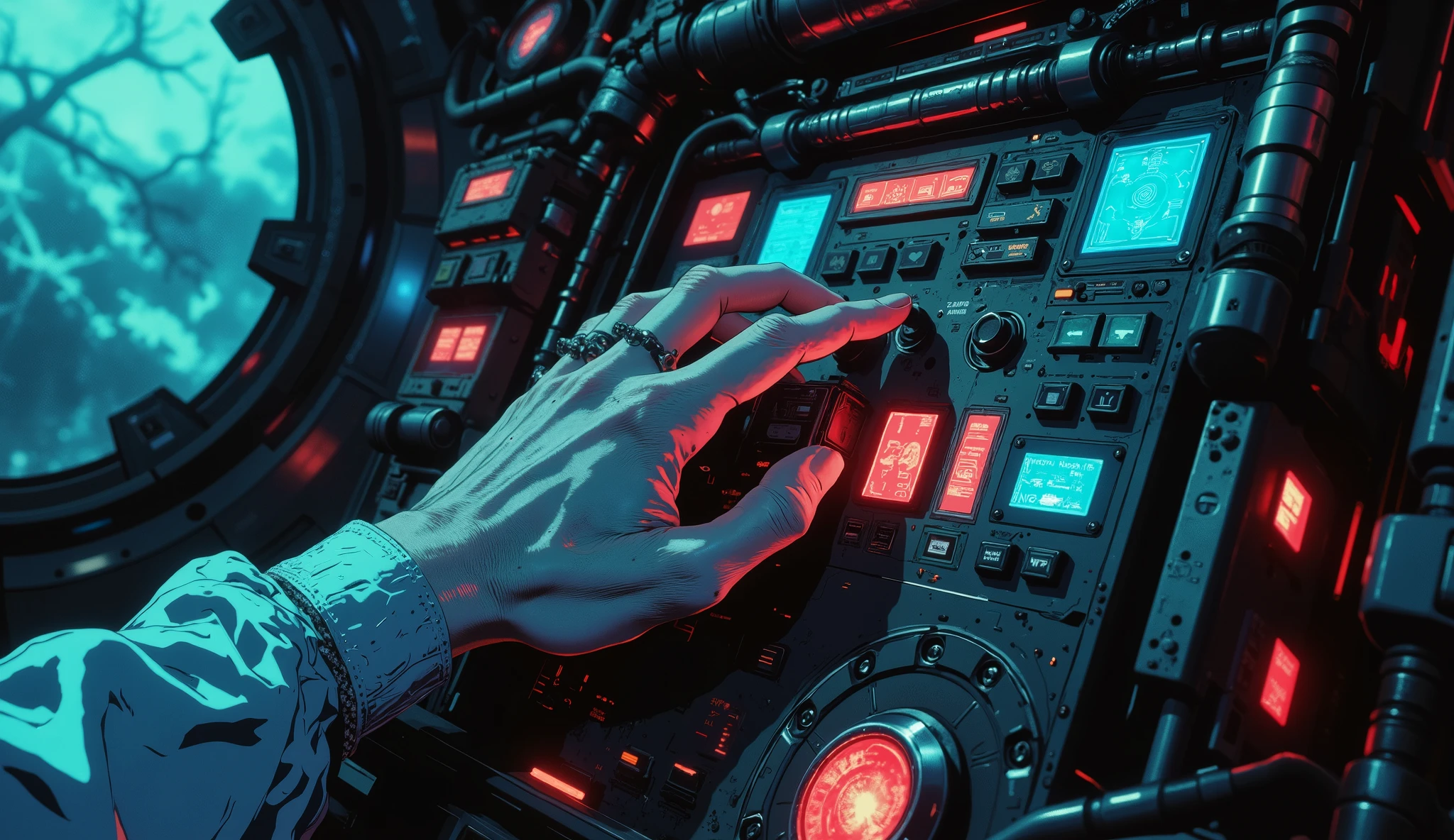 Masterpiece, 90s-style anime scene, cel tone, 3-tone shading, high resolution 32k. A cinematic close-up from above of a young woman’s delicate hand pressing glowing buttons on the futuristic control panel of a spaceship. The panel is slightly reflective, showing a soft reflection of her hand on the glass surface. The buttons emit faint neon glows in red and blue, adding contrast to the dark metallic panel filled with exposed wires and small steampunk-style details. The atmosphere is dark and retro, inspired by post-apocalyptic spaceships. Anime style reminiscent of Vampire Hunter D: Bloodlust, Blame!, and Black Lagoon, with sharp lines, strong contrast, and flat cel shading typical of 90s anime. The scene captures the tension and precision of the moment, with a somber mood and cinematic framing.
