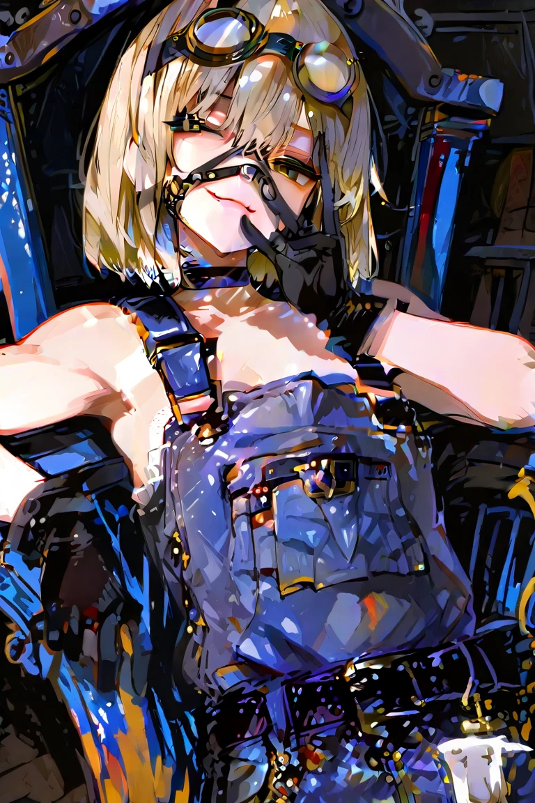 naked, on the floor, tied, tape bondage, blond hair, Bob cut, medium breasts, big thighs, completely blushing, sweating, smoky, pleasure face, serious face