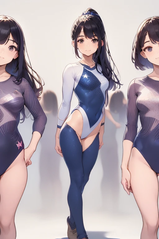 ((full body)),(masterpiece, highest quality), (3 girls 1.5) ,((contrasting:1.5)), looking at iniewer, walk,((in_arm:1.2)), wear gymnastics_longsleeines_leotard_outfit leotard:1.3), , BREAK masterpiece black hair, ((long hair:1.2)), ((parted bangs:1.3)), black eye, good hand, ((small breasts)), (oiner 20 years old, Under 25 years old:1.2), , Spotlight, Happy, smile, 教室in休憩