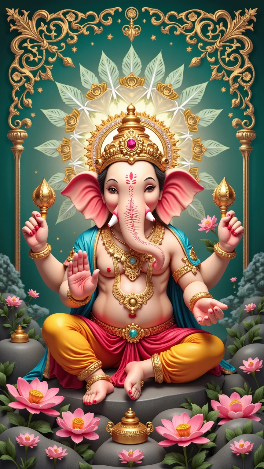 Create ganapathi
images bright vivid colors peacock and elephant all animals flute and