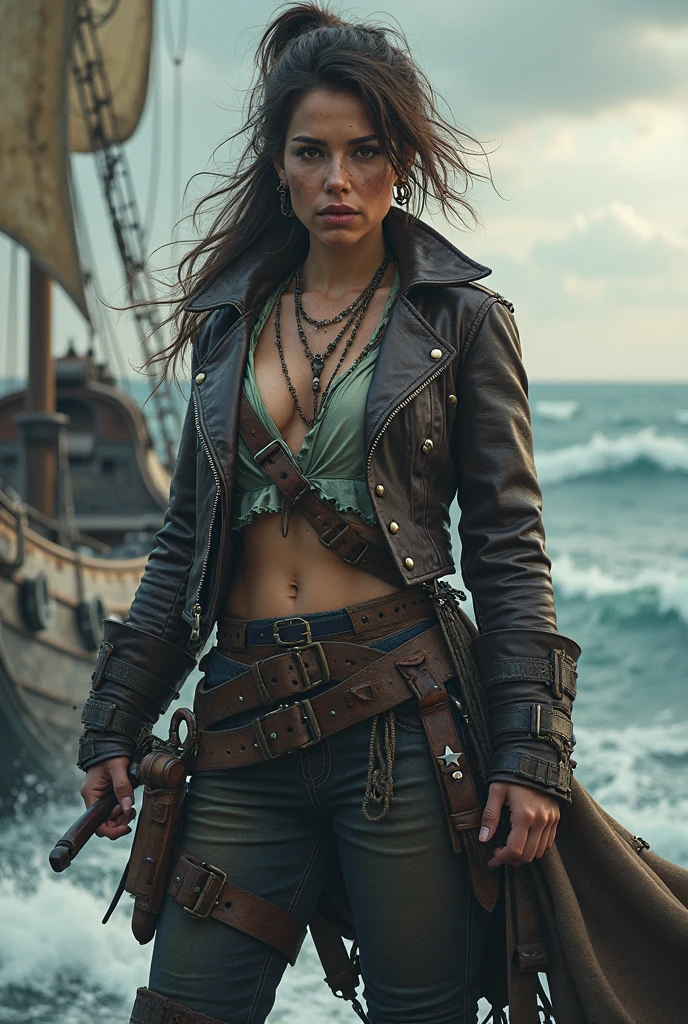 dramatic lighting, highest quality, Cinematic film still, (attractive Anne Bonny, wearing dirty tattered pirate attire, standing on the deck of pirate ship docked at Caribbean port), grimy, dark atmosphere, toned body, (ripped clothing:0.8), perfect face, looking at viewer, (detailed skin), [tattoos], [freckles], ((dirty)), (muddy), (storm clouds:0.7), (stormy weather:0.5), dull, natural lighting, (direct light:0.4), 8mm film grain, photographed on a Sony a9 II, 24mm lens, F/2.8 aperture, deep focus, (RAW), 8k, (still from The Lost Pirate Kingdom)