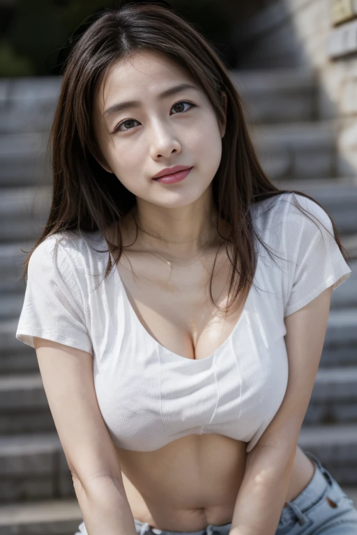 1young girl, laugh shyly, (highly detailed eyes, highly detailed hair, highly detailed face), extremely detailed CG unified 8k wallpaper, Highly detailed, High-definition raw color photos, Professional Photography, Realistic portrait, Cinematic Light, Bangs, (Beautiful breasts), (High school uniform with wide open breasts:1.1), (Pleated mini skirt:1.2), hair blowing in the wind, (no panties), sitting, spread legs wide open, outdoors, beach, beautiful sunset, (((Bokeh))), depth of fields,