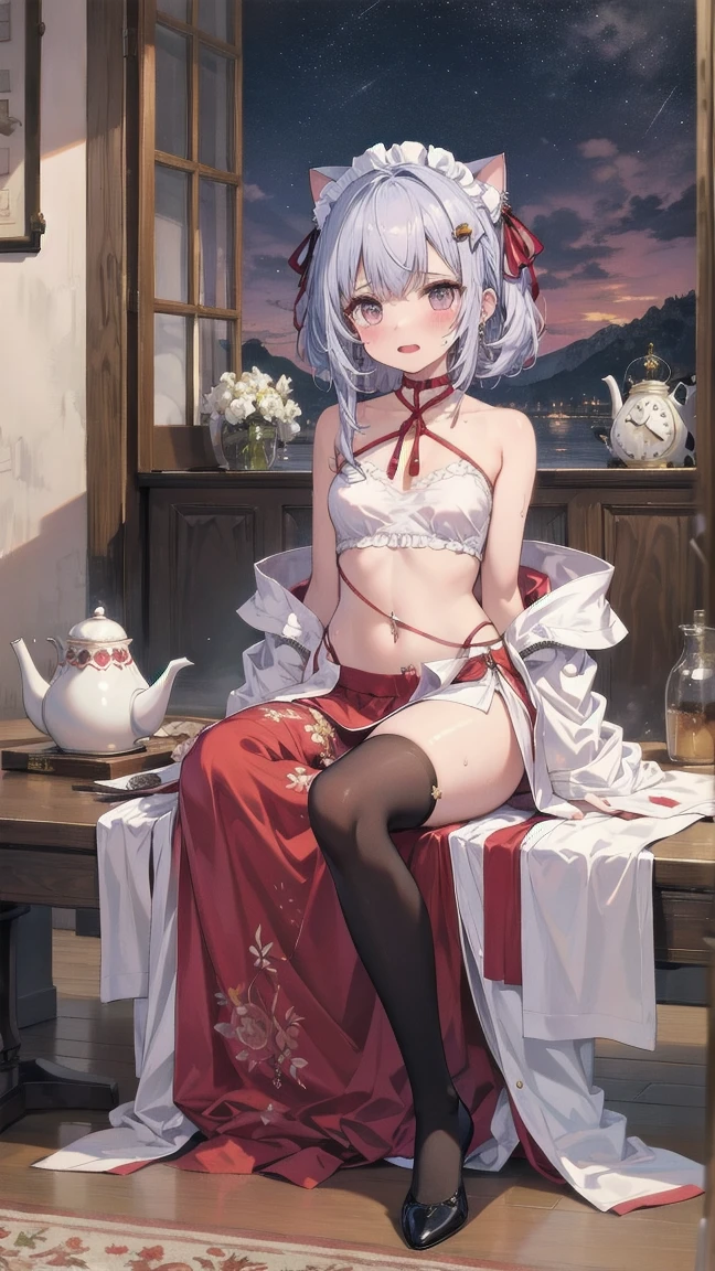 fox ears, posing, nfsw, nipples, stomach, (caftan:1.3), white hairs, short hairs, red eyes, elegant girl, medium breast, sexually suggestive, seductive smiling, red lipstick, sexy, Intricate, High Detail, Sharp focus, dramatic, photorealistic, best quality, masterpiece, WLOP, Ed Blinkey, Mikhail Vrubel