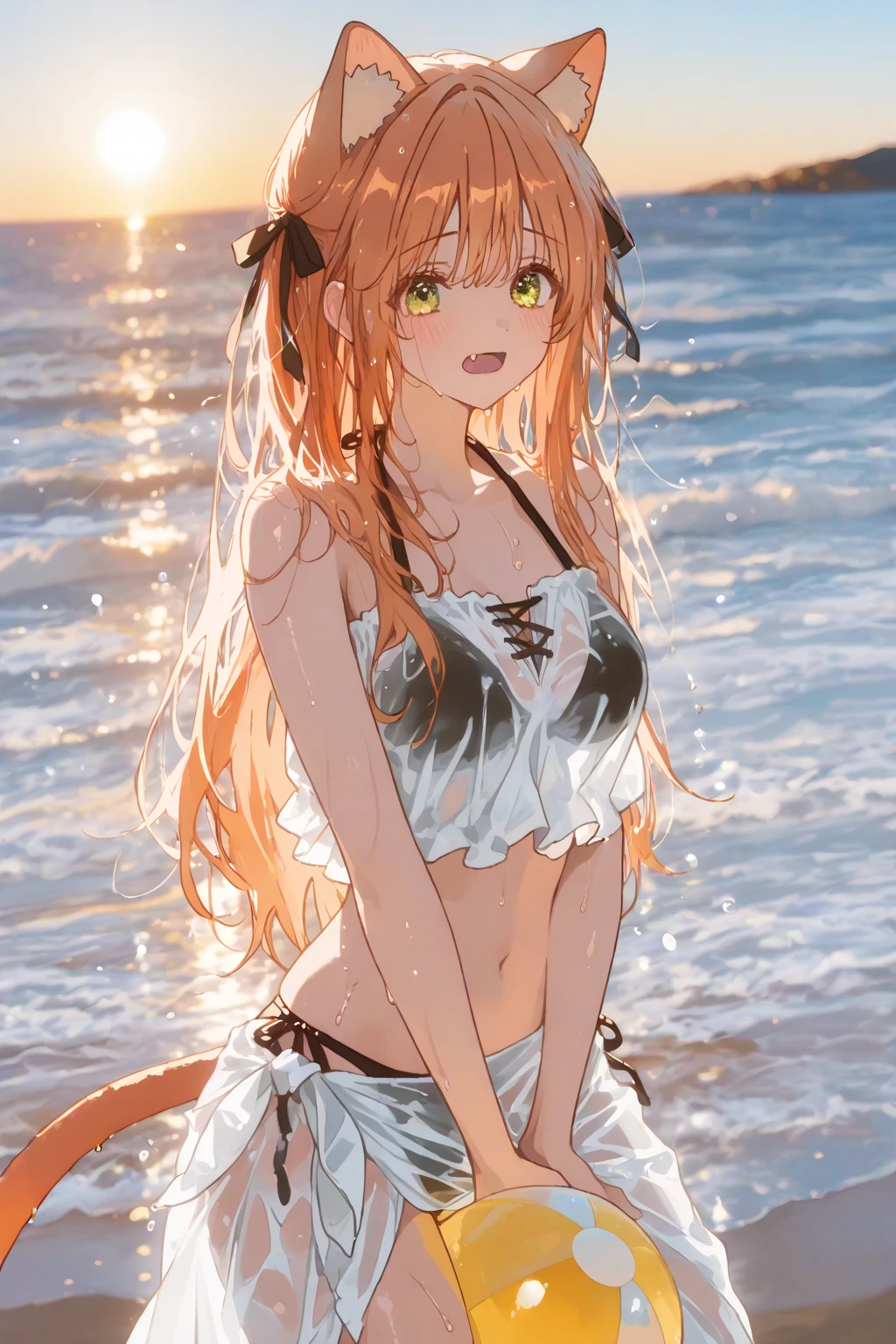 masterpiece, rich colors, Best quality, detailed, high resolution, Hyper quality, high detail, , high quality, detailing, skinny sexy girl on the beach , bright lighting , green eyes, Anime, palm trees, bright lighting, redhead,