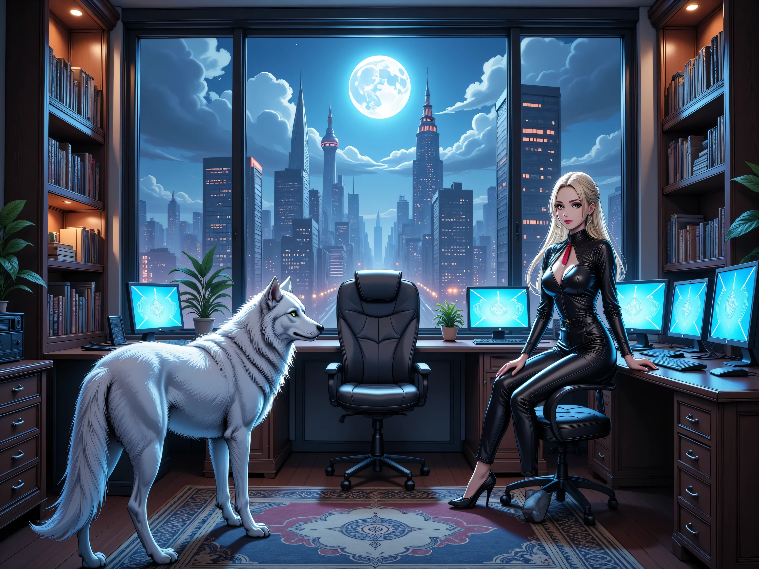 zavy-ctcmcs,hyp3rd3tail style, fantasy art, RPG art, ultra wide shot, RAW, photorealistic, a picture of woman in her high tech office and her white wolf pet, the woman,  an exquisite beautiful human woman, long blond hair, braided hair, green eyes, wearing elegant silk suit, intricate suit  wearing red tie, wearing high heels, standing in a high tech office, lush office, a view of large metropolis at night, the moon in the sky,  epic whitewolf stands near her, glowing blue eyes, protecting her, high tech office, high management office, library. computer screens, best quality, 16k, [ultra detailed], masterpiece, best quality, (ultra detailed), full body, ultra wide shot, photorealism

INFO
