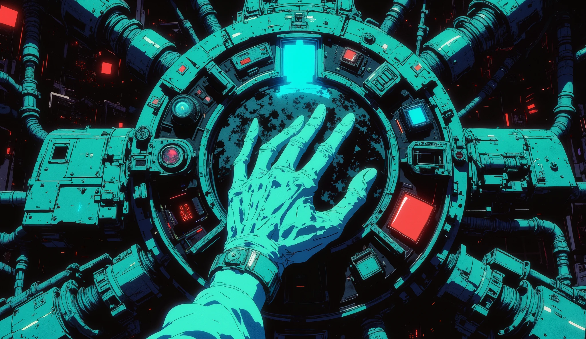 A masterpiece, a 90s-style anime scene, cel tone, 3-tone shading, 32k high resolution. A cinematic overhead close-up of a young woman's delicate hand pressing glowing buttons on the futuristic control panel of a spaceship. The panel is slightly reflective, showing a soft reflection of her hand on the glass surface. The buttons emit faint neon glows in red and blue, adding contrast to the dark metallic panel full of exposed wires and small steampunk-style details. The atmosphere is dark and retro, inspired by post-apocalyptic spaceships. The anime style is reminiscent of Vampire Hunter D: Bloodlust, Blame!, and Black Lagoon, with sharp lines, strong contrast, and flat cel shading typical of 90s anime. The scene captures the tension and precision of the moment, with a somber mood and cinematic framing. No color shading, cel tone, 3-tone, 90s-style anime