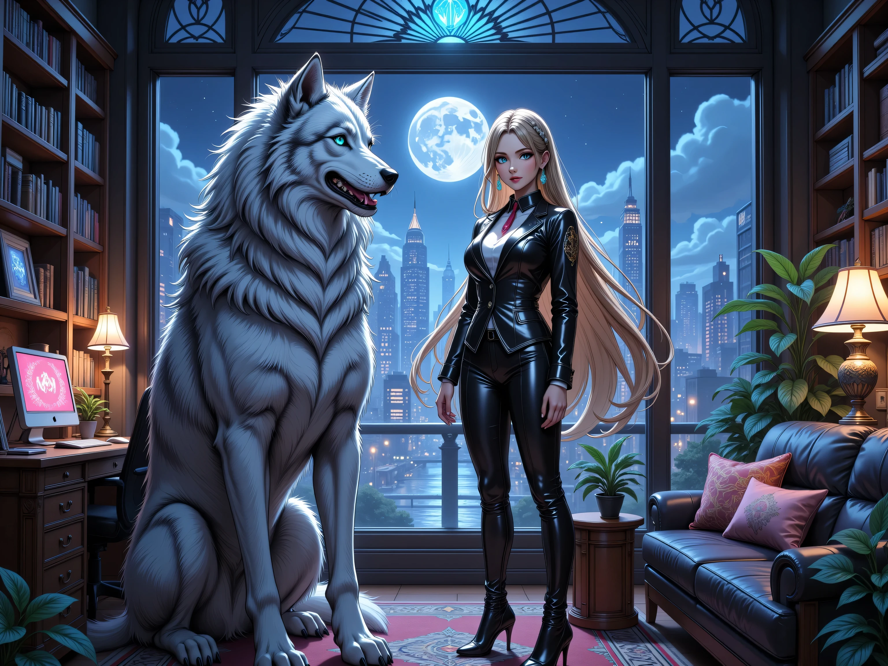 zavy-ctcmcs,hyp3rd3tail style, fantasy art, RPG art, ultra wide shot, RAW, photorealistic, a picture of woman in her high tech office and her white wolf pet, the woman,  an exquisite beautiful human woman, long blond hair, braided hair, green eyes, wearing elegant silk suit, intricate suit  wearing red tie, wearing high heels, standing in a high tech office, lush office, a view of large metropolis at night, the moon in the sky,  epic whitewolf stands near her, glowing blue eyes, protecting her, high tech office, high management office, library. computer screens, best quality, 16k, [ultra detailed], masterpiece, best quality, (ultra detailed), full body, ultra wide shot, photorealism

INFO
