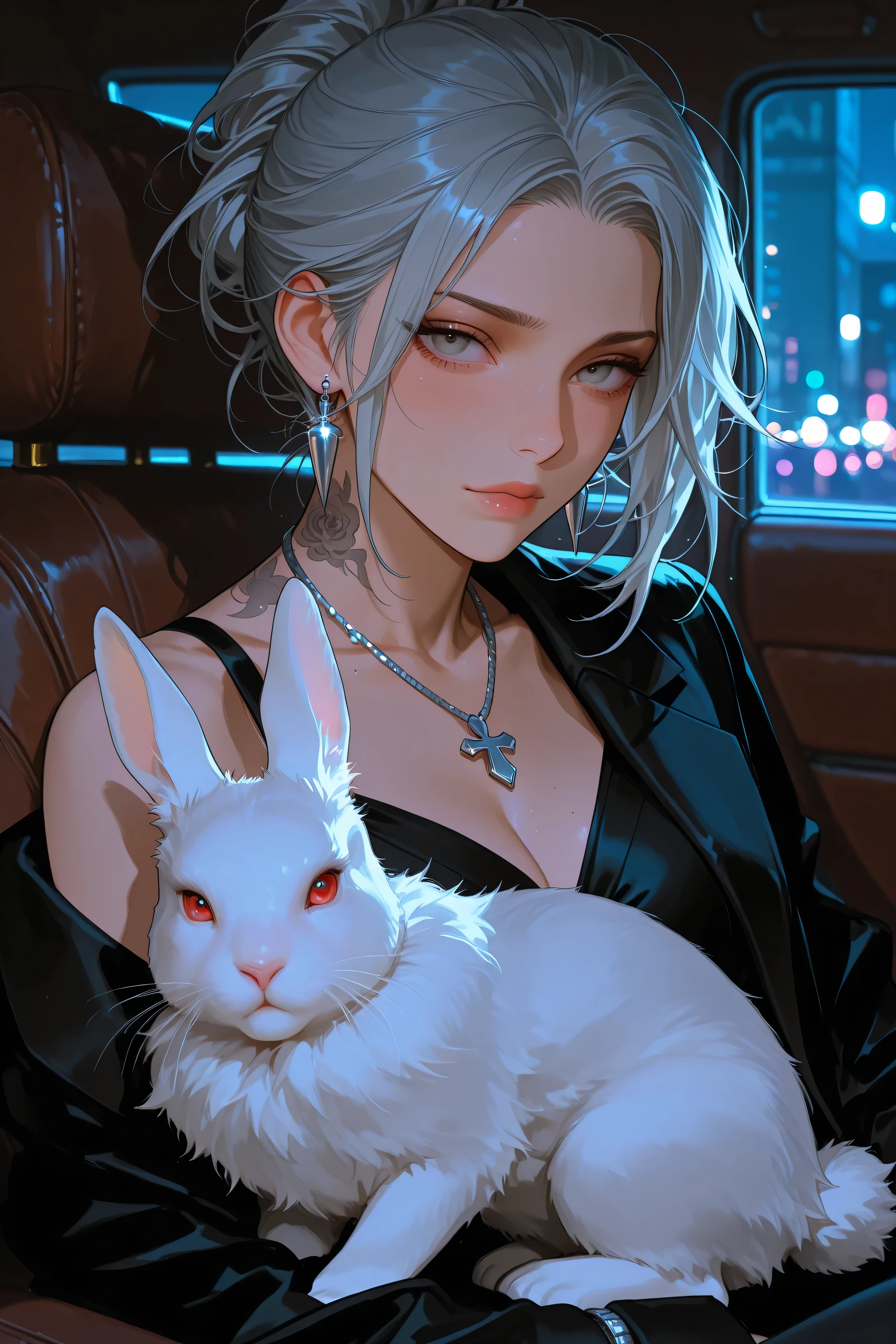 Mafia Boss、a dignified expression、Boss Style、neck tattoo、silver necklace、silver earrings、Silver Ring、white rabbit on the lap、Cinematic Atmosphere