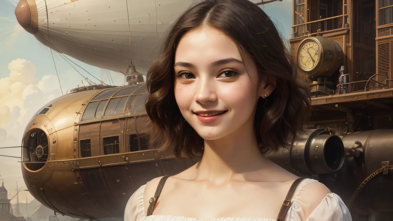 402 ((A 17-year-old woman )),(shorthair is added),(Shortcut),(Neat hair),(Ultra High Definition),(Airship Pilots),( Steampunk Airship ),(Leonardo da Vinci Style Paintings),(Archaic Smile)