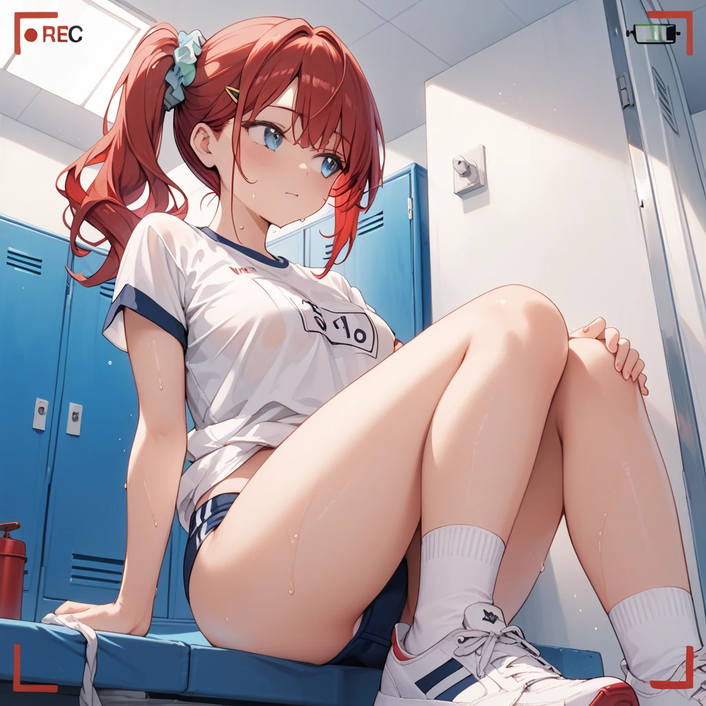 anime、30-year-old woman1people、Sportswear、foot forcus,Looking up from below,Blushing,Red lips,Sexy,smile、Sweaty、lure、Sexyポーズ、MILF、Locker Background,Sitting in a chair,Taking off sneakers、Wearing socks、sole