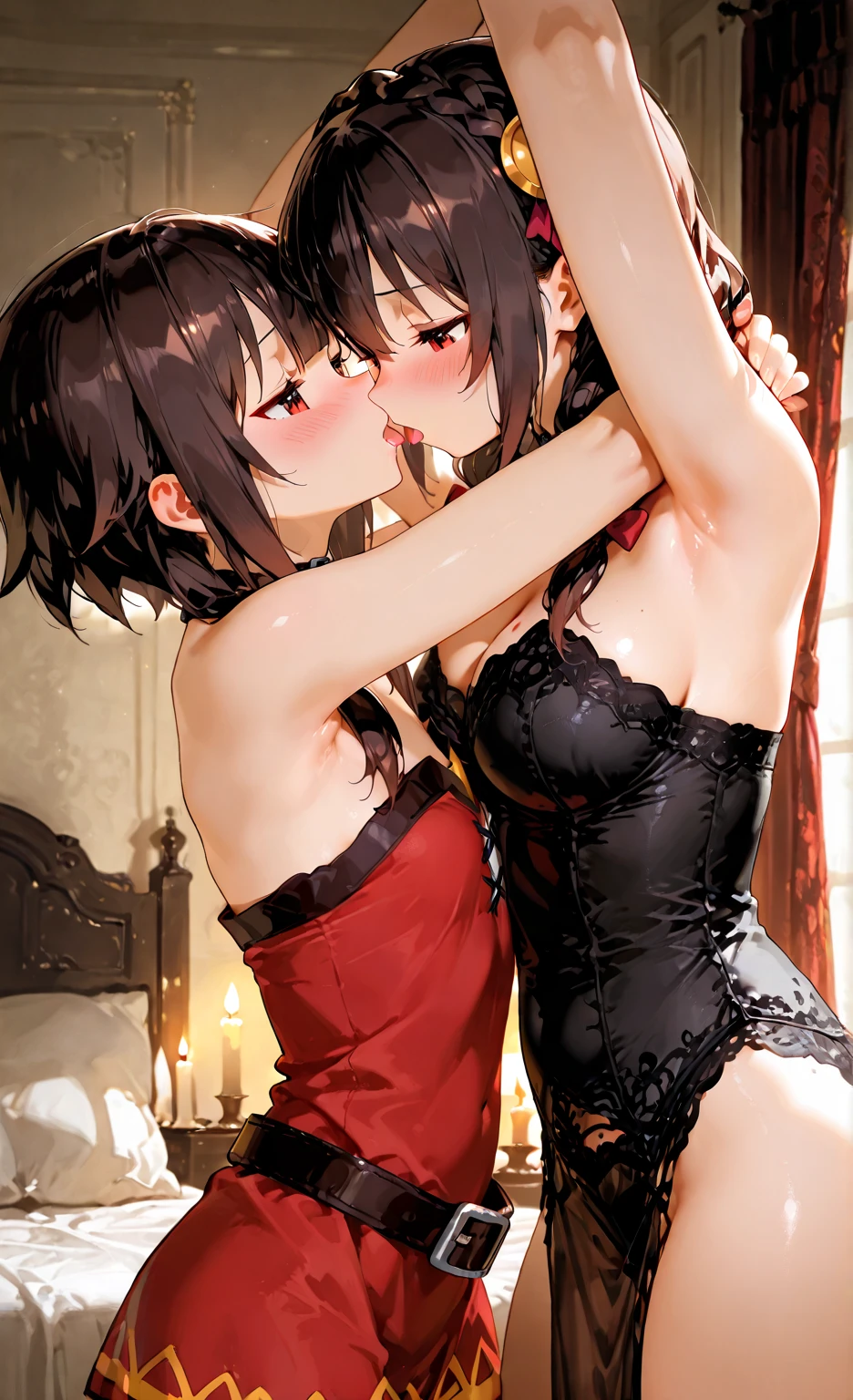 Mikasa Ackerman from Attack of Titan in a sexy sensual black dress in an elegant bedroom ready to go out to dinner, beautiful, many details around her and Mikasa looks faithful to the anime