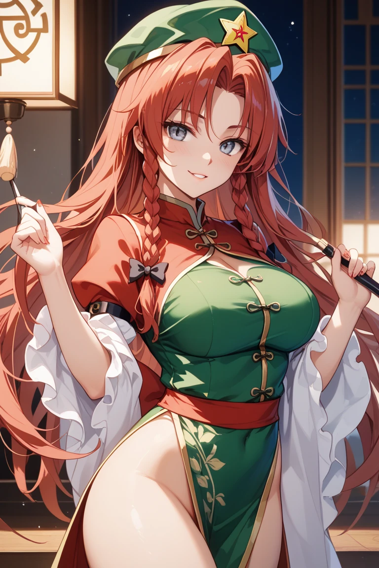 (masterpiece, best quality),best quality, best resolution, (ultra-detailed), (3heads:1.5), 1girl, (hong meiling:1.3), masterpiece, best quality, green top, crop top, ((stomach)), midriff, ((groin)), green skirt, miniskirt, normal ears, shackles, red hair, very long hair, wavy hair, sidelocks, blue eyes, parted lips, single horn, sweat, cute, toned belly, hand on own chest, eyelashes, (24 year old woman:1.3), (masterpiece:1.5), (best quality:1.5), (beautiful detailed), extremely detailed CG, extremely delicate and beautiful, depth of field, (finely detailed face), (perfect details:1.2), (mature female:1.3), wide pelvis, slender, large veiny breast, 8k resolution, high quality, high definition, extremely detailed, masterpiece, red hair, long hair, alluring presence, twin braid, short skirt, close up, big tits, young, striped, green beret, hair ornament, chinese clothes, star hat ornament,