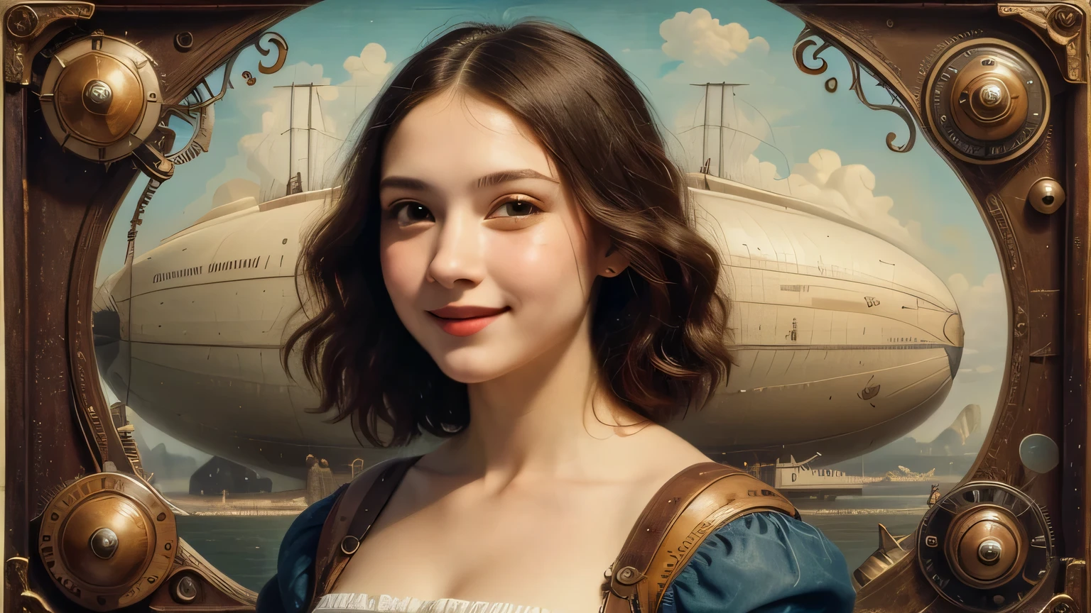 402 ((A 17-year-old woman )),(short hair),(Shortcut),(Neat hair),(Ultra High Definition),(Airship Pilots),( Steampunk Airship ),(Leonardo da Vinci Style Paintings),(Archaic Smile)